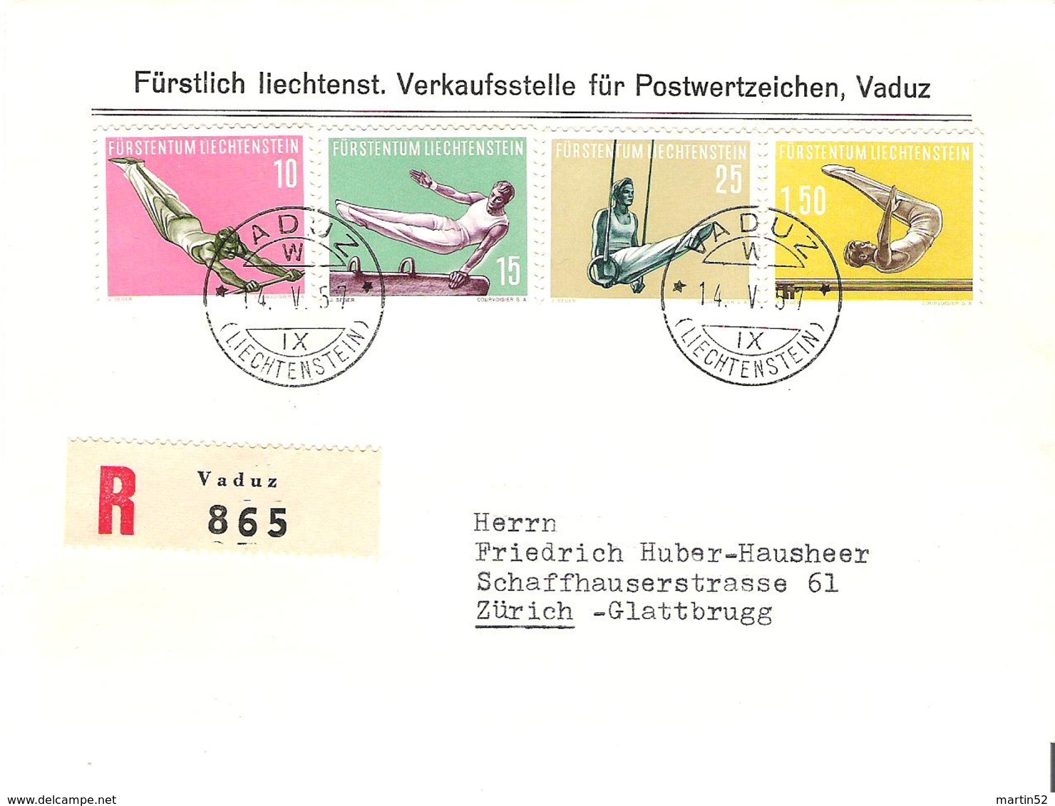 Liechtenstein 1957: Sport IV Turnen Gymnastique Zu 297-300 Mi 353-356 Yv 315-8  R-FDC VADUZ 14.V.57 (Zumstein CHF 100.00 - FDC