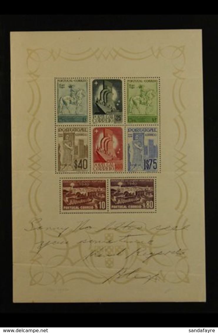 1940 Portuguese Centenaries Miniature Sheet (SG MS919a, Mi Block 2, Scott 594a), Never Hinged Mint, Handwritten Message  - Autres & Non Classés