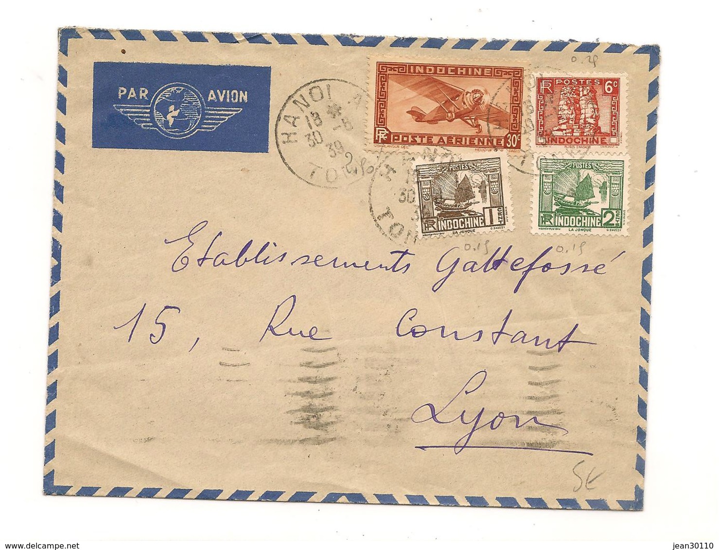 INDOCHINE 1939 ENVELOPPE DE TONKIN POUR LYON - Lettres & Documents