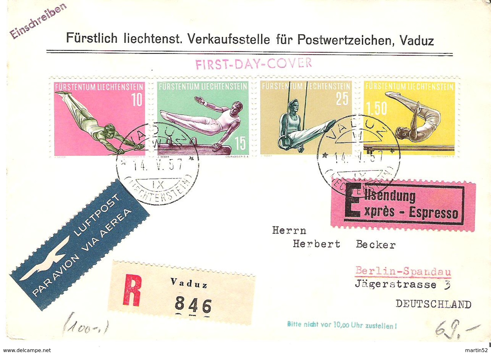 Liechtenstein 1957: Sport IV Turnen Gymnastique Zu 297-300 Mi 353-356 Yv 315-8  R-FDC VADUZ 14.V.57 (Zumstein CHF 95.00 - Lettres & Documents