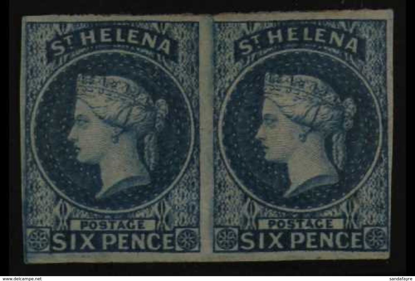 1856 6d Blue Imperf, SG 1, Mint PAIR With 4 Large To Clear Margins, The Right Stamp With A Small Hinge Thin. Fresh And A - Saint Helena Island