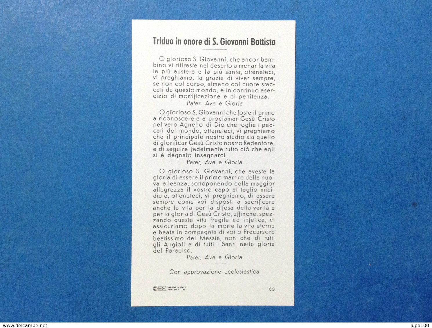 SANTINO HOLY CARD S GIOVANNI BATTISTA EDIZIONE EGIM N 63 - Santini