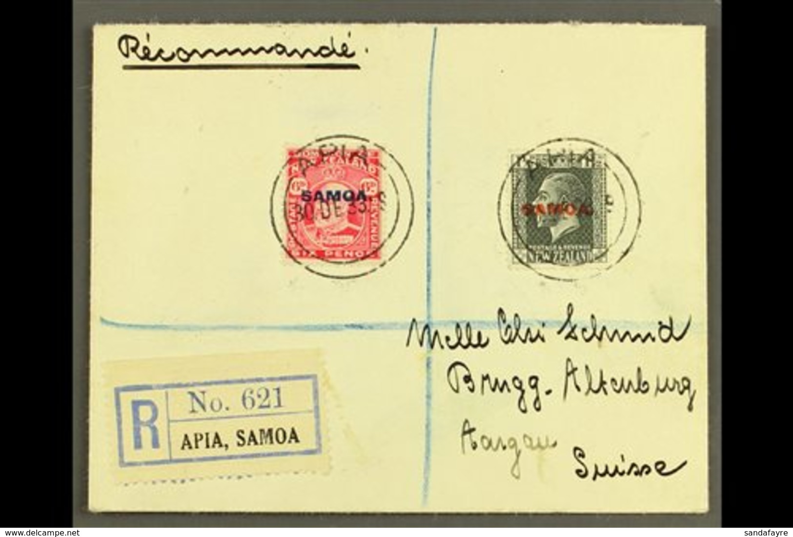 1933 6d Carmine & 1½d Slate, SG 119, 135, 7½d Franking On Registered Cover To Switzerland, Tied By Apia 30.12.33 Postmar - Samoa