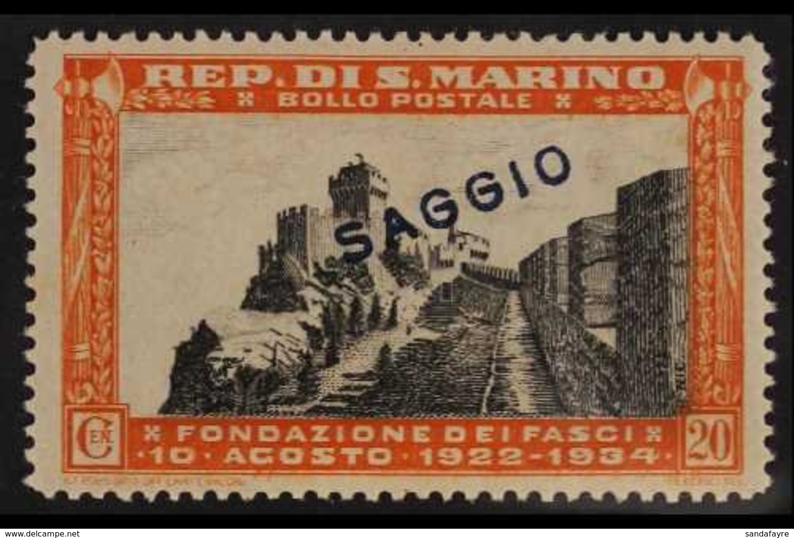 1935 20c Orange And Black, Anniversary Of The Fascio, Sass 188, Overprinted "Saggio" (Specimen), Very Fine Never Hinged  - Other & Unclassified