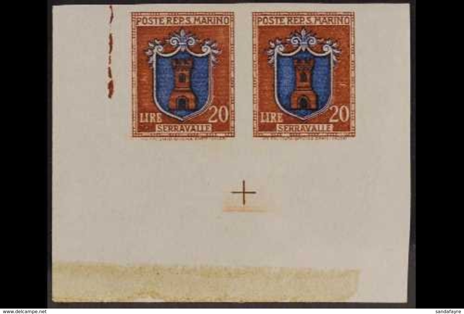 1945-6 20L Brown And Ultramarine, Arms, Variety "imperf", Sass 293a, Superb Mint Corner Margin Pair. For More Images, Pl - Altri & Non Classificati
