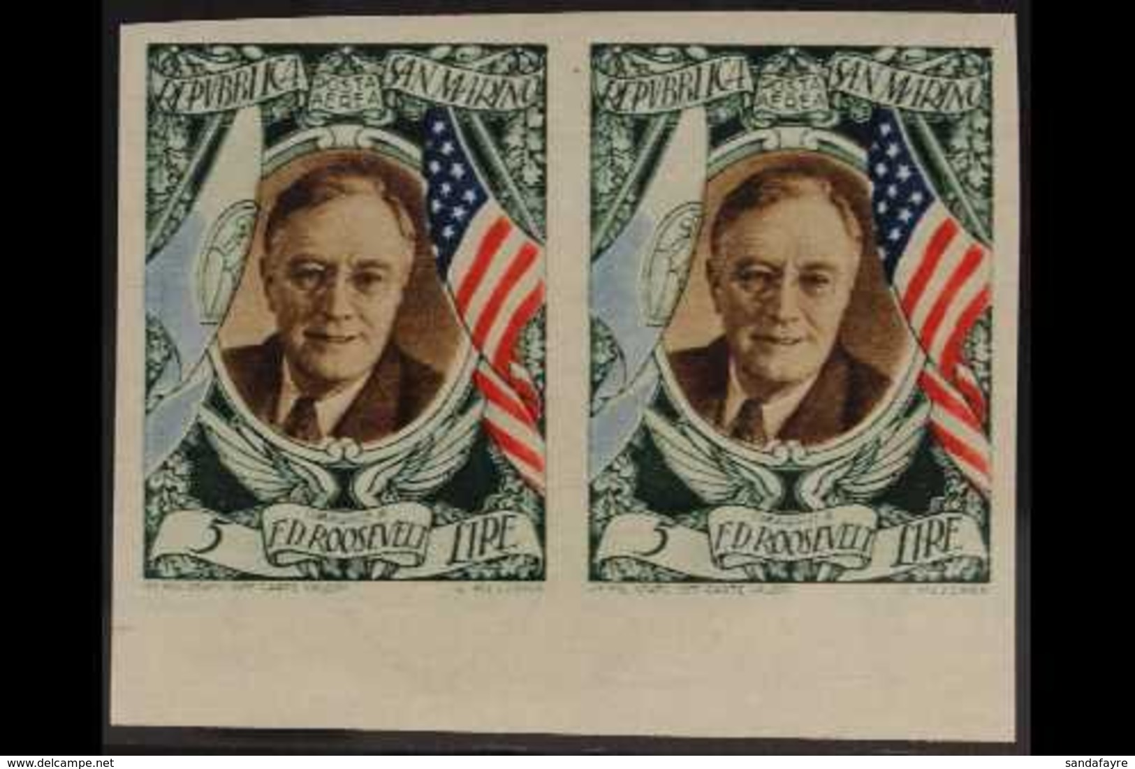 1947 5L Airmail Roosevelt, Variety "imperf" Sass A63b, Pair, Very Fine Mint. Signed Bolaffi For More Images, Please Visi - Otros & Sin Clasificación