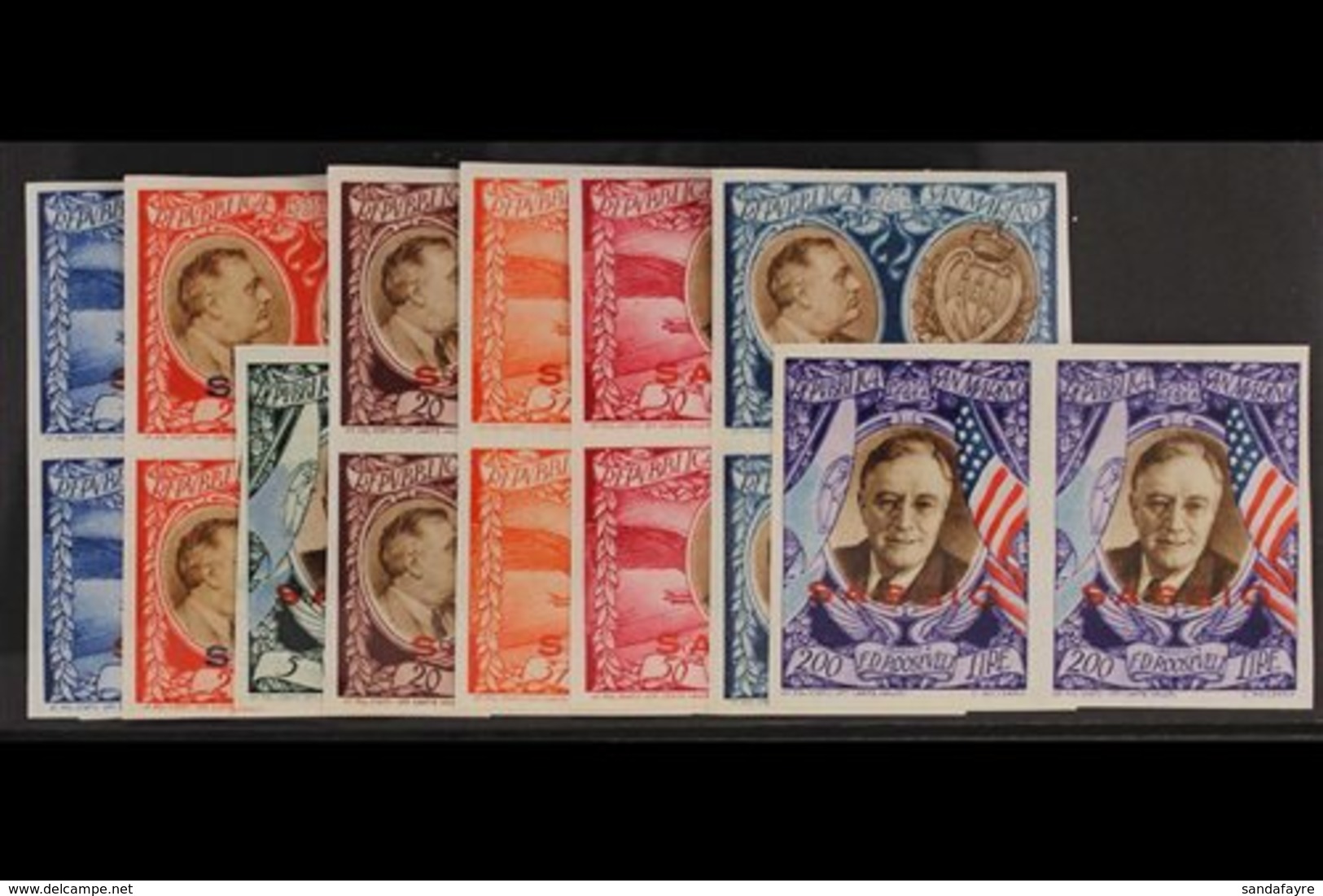1947 Roosevelt Airmail Set Complete, As Sass S509, In Gummed Or Ungummed (5L & 200L) Pairs, Overprinted "Saggio" (Specim - Otros & Sin Clasificación