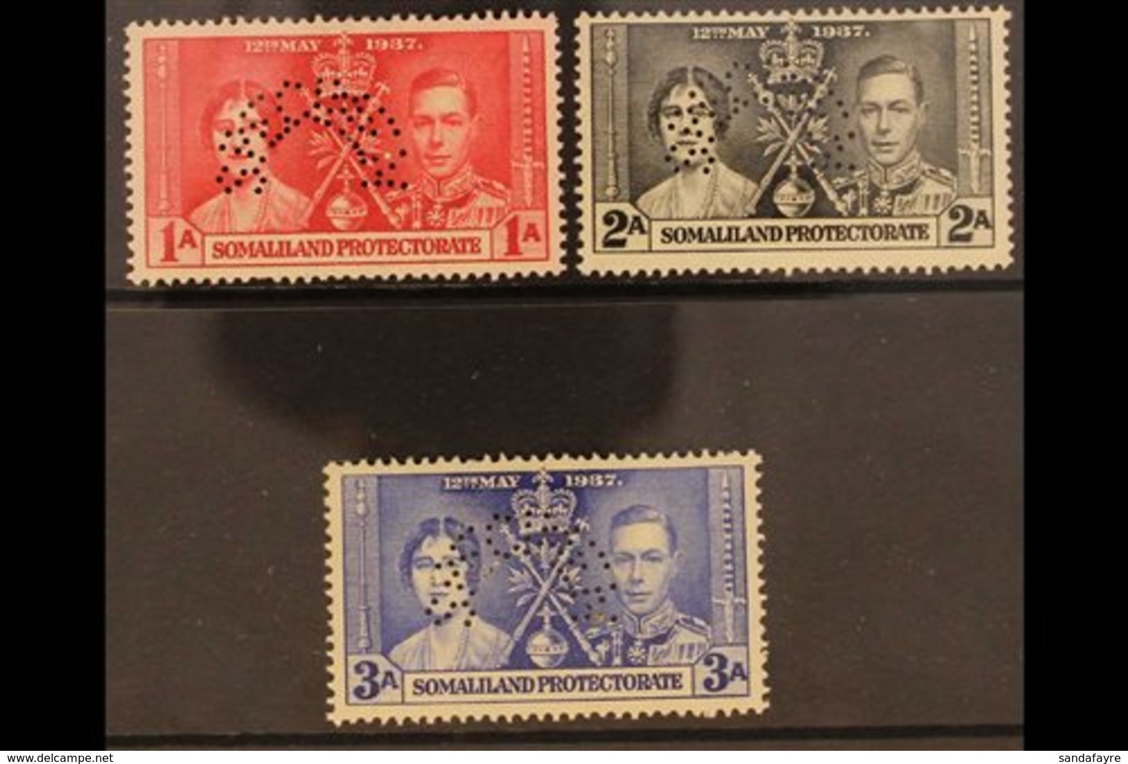1937 CORONATION SPECIMENS. A Coronation Set, Perforated "Specimen", SG 40s/42s, Very Fine Mint. (3 Stamps) For More Imag - Somaliland (Protettorato ...-1959)