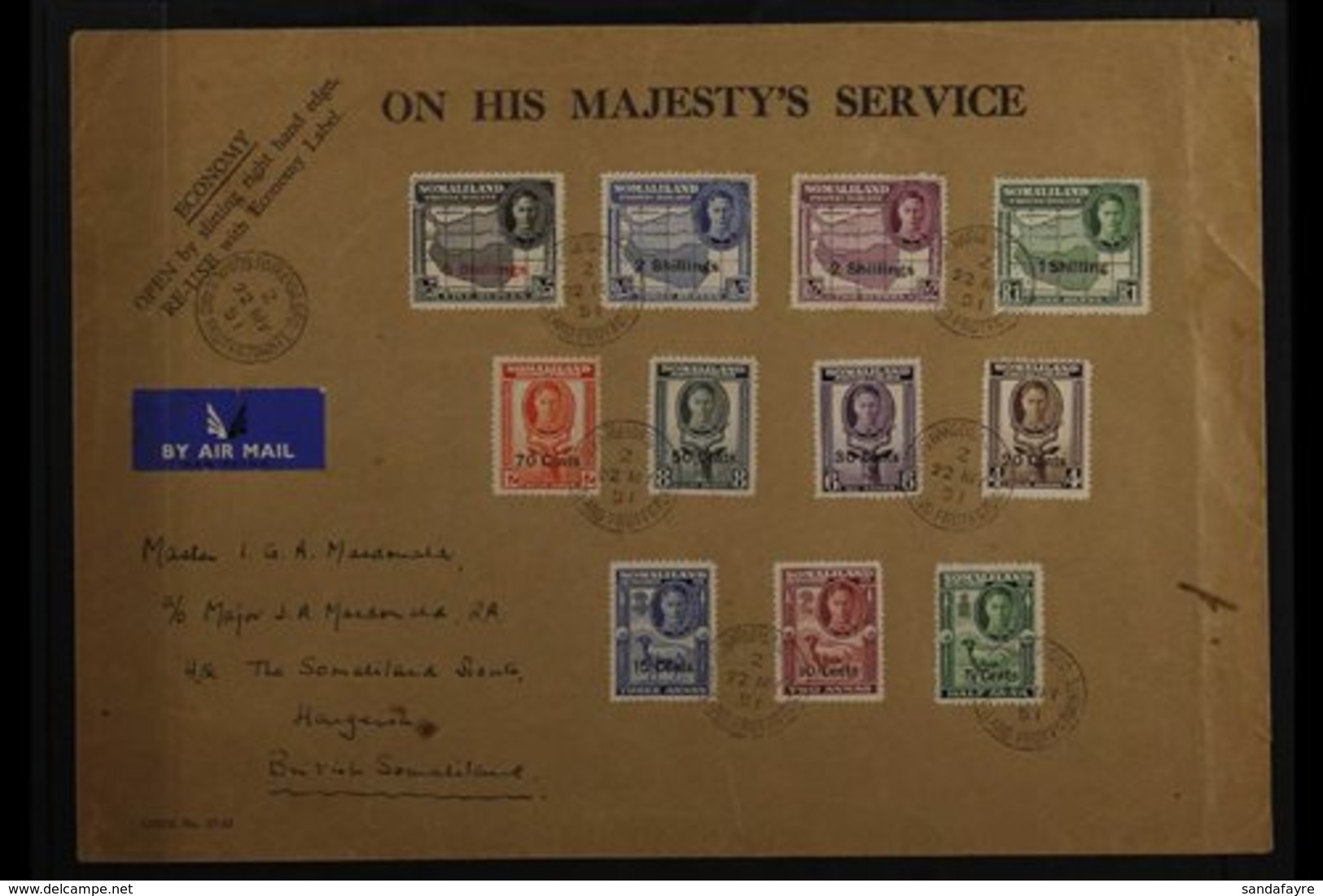 1951 (22 May) Local Cover Bearing New Currency Surcharges Complete Set, SG 125/35, Tied By Very Fine HARGEISA Cds's. For - Somalilandia (Protectorado ...-1959)