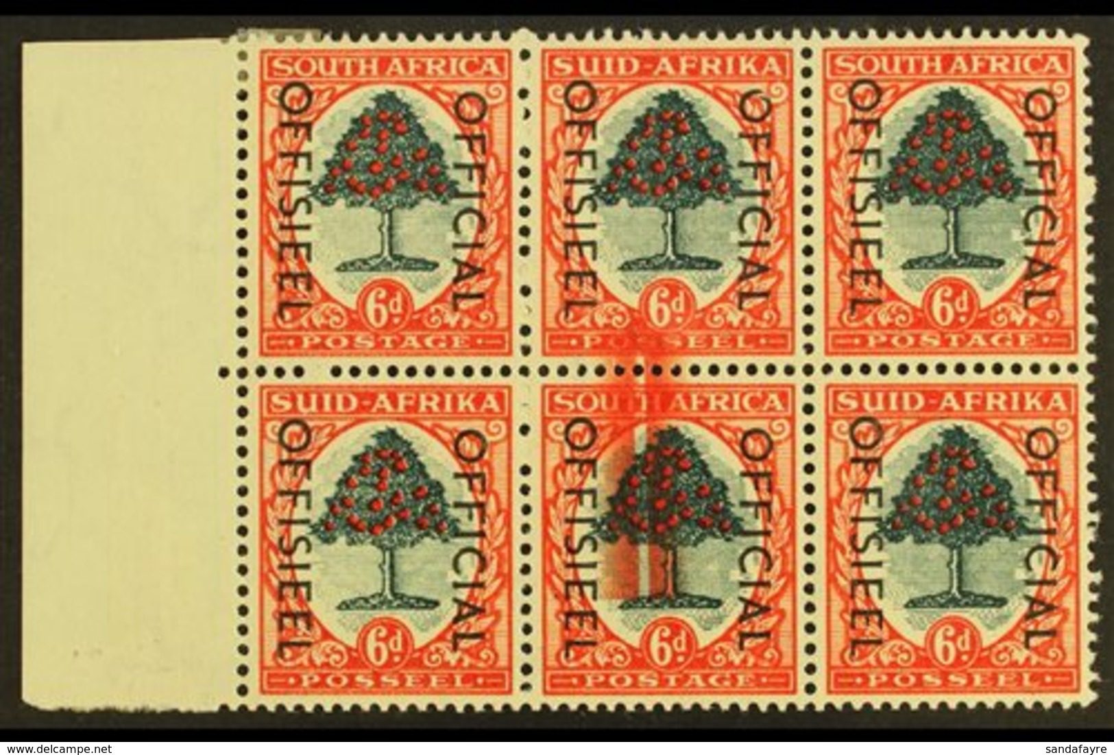 OFFICIAL VARIETY 1950-4 6d Green & Red-orange, Block Of Six With LARGE SCREEN FLAW, O46 Var, Very Fine Mint. For More Im - Sin Clasificación