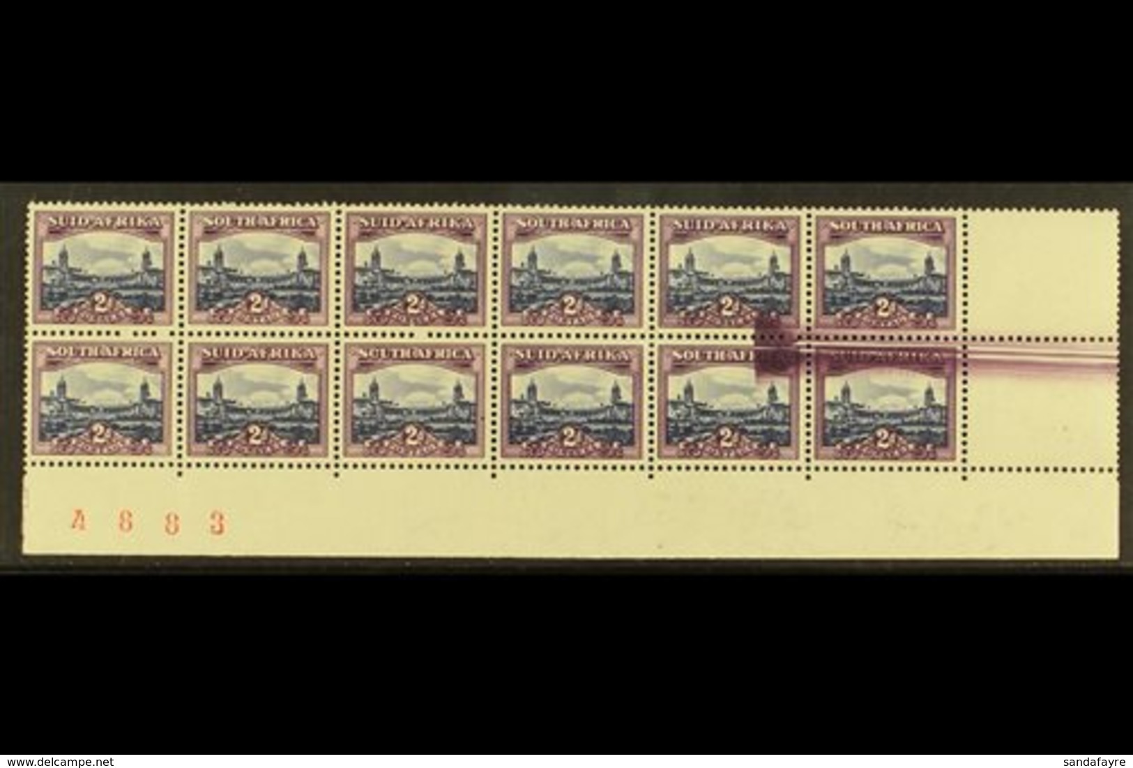 UNION VARIETY 1950-1 2d Blue & Violet, Ex Cylinder 18/30, Issue 15, Corner Marginal Block Of 12 With LARGE SCREEN FLAW A - Sin Clasificación