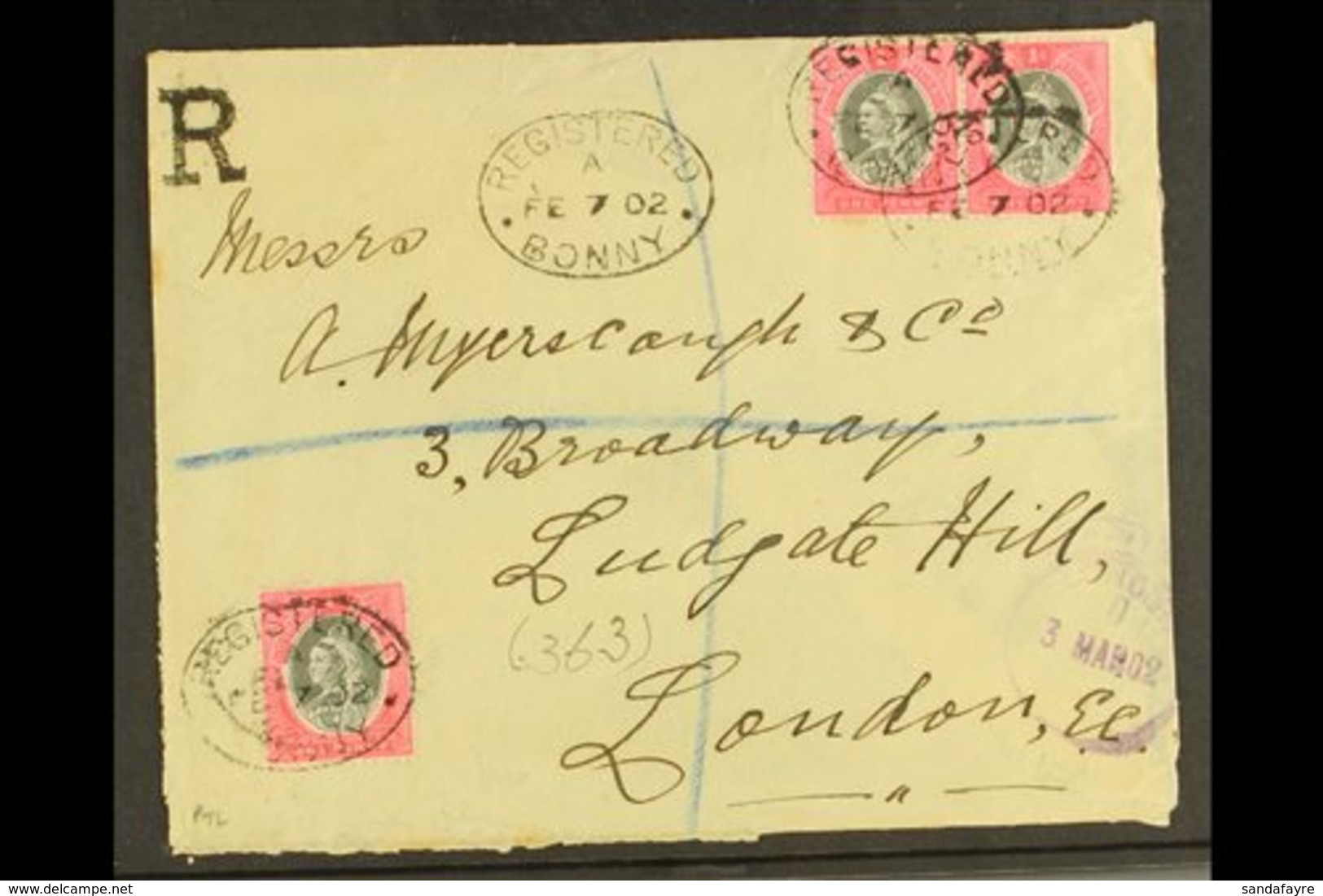 1902 Env Registered To London Bearing Three 1901-02 1d Stamps (SG 2) Tied By Oval "Registered Bonny" Cancels, Violet Lon - Nigeria (...-1960)