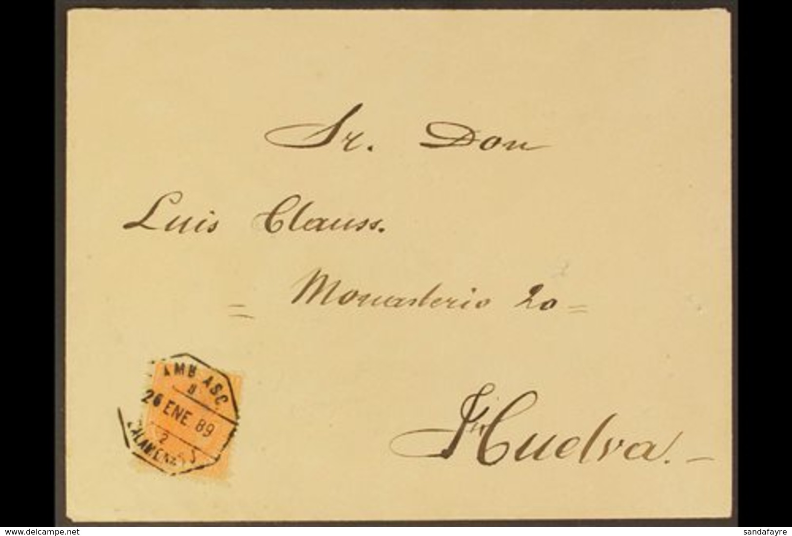 1889 TRAVELLING POST OFFICE (26th June) Cover To Huelva Bearing 15c Alphonso Tied By Zalamea TPO Octagonal Date Stamp, H - Otros & Sin Clasificación