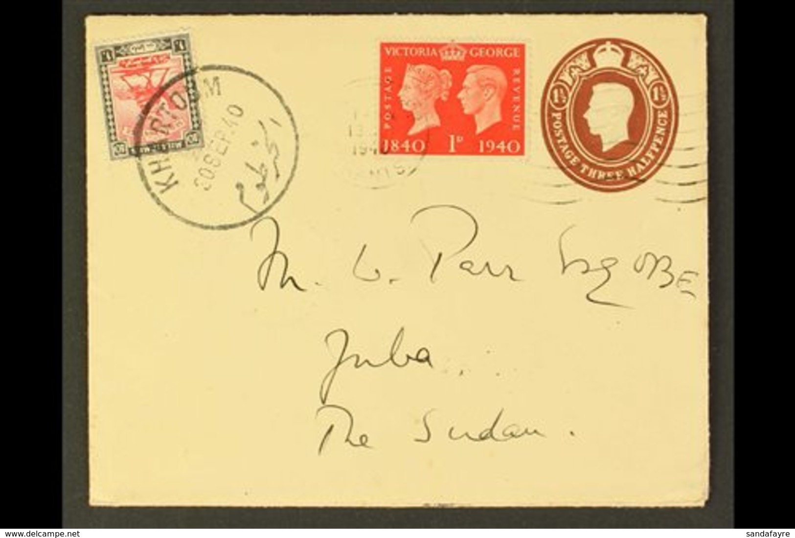 1940 (13 Sept) GB 1½d Envelope With Additional 1940 1d Stamp Centenary Stamp Sent From Winchester To M. W. Parr (the Gov - Soudan (...-1951)