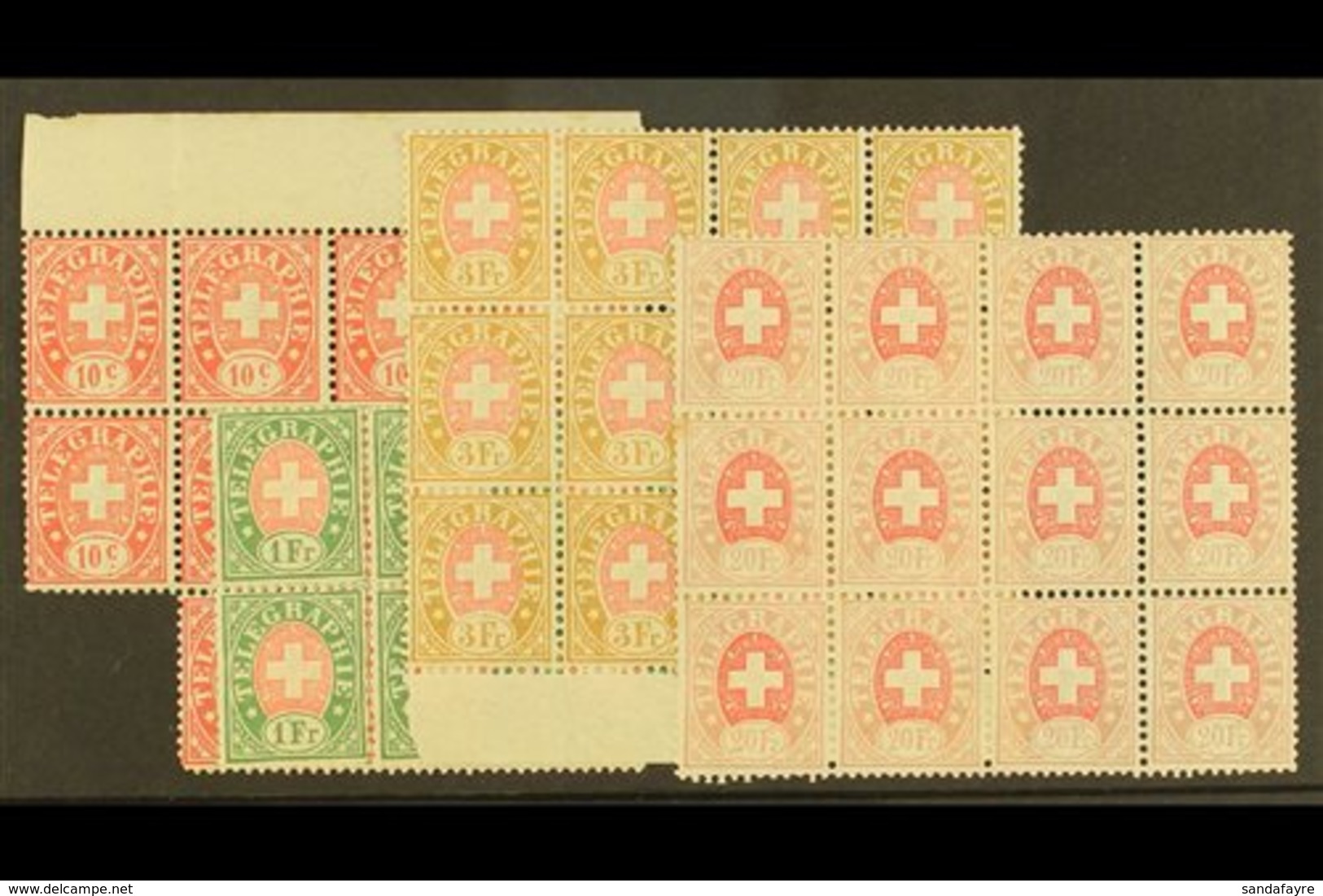 TELEGRAPH STAMPS 1881 Mint Multiples Of 10c In Irregular Block Of 11, 1f In Block Of 8, 3f In Marginal Block Of 12, 20f  - Other & Unclassified