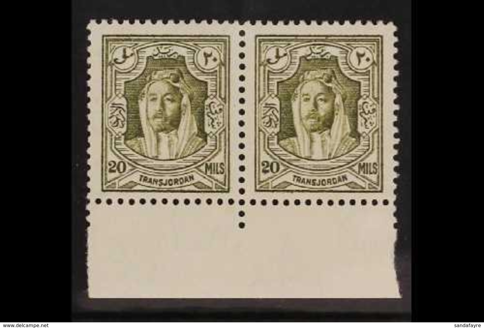 1930-39 20m Olive-green, Perf 13½ X 13, Lower Marginal Horizontal Pair, Never Hinged Mint. For More Images, Please Visit - Jordania