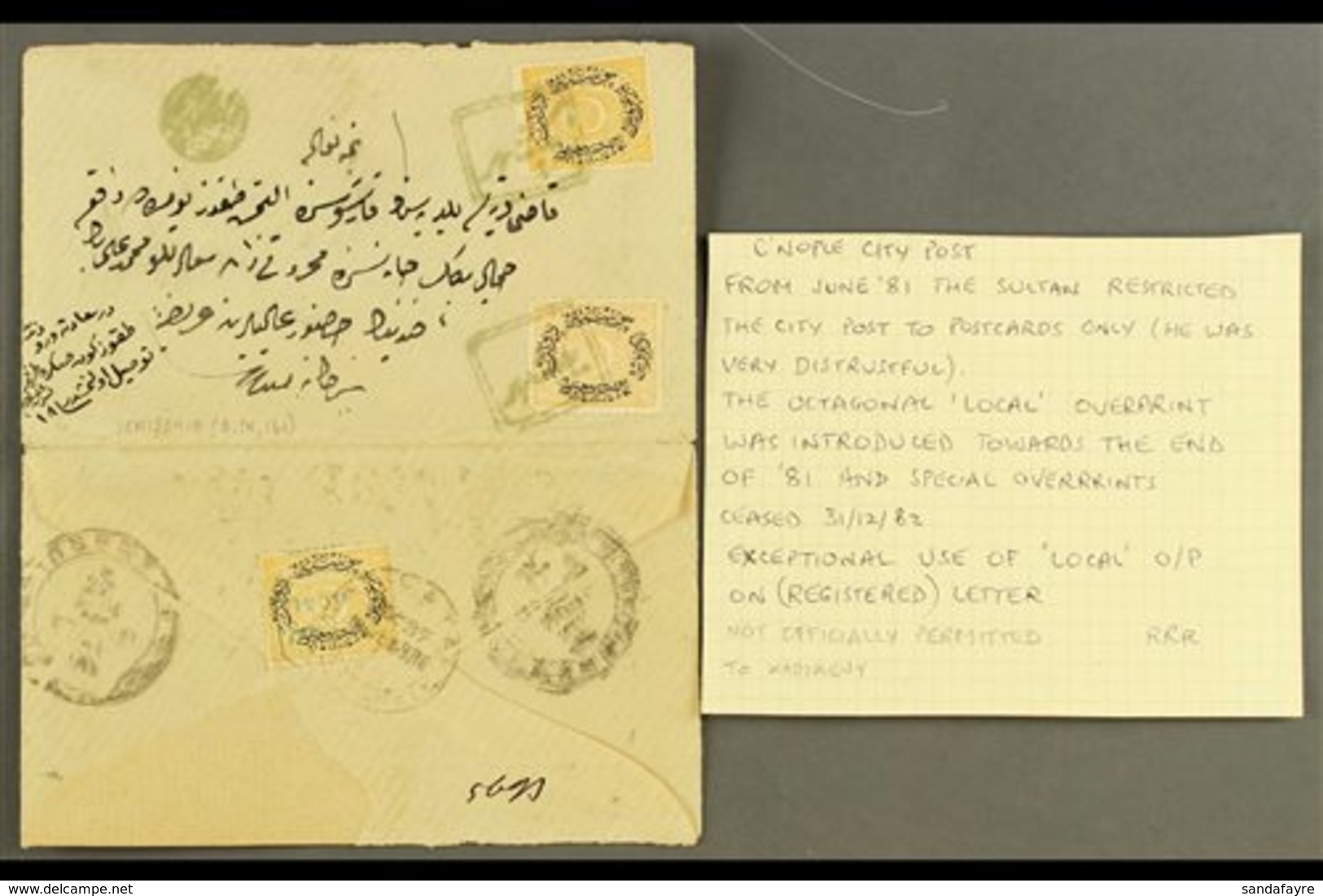 1881 Registered Envelope (opened For Display) From Yenisehir To Kadikoy (Constantinople) Bearing On Address Side The 187 - Sonstige & Ohne Zuordnung