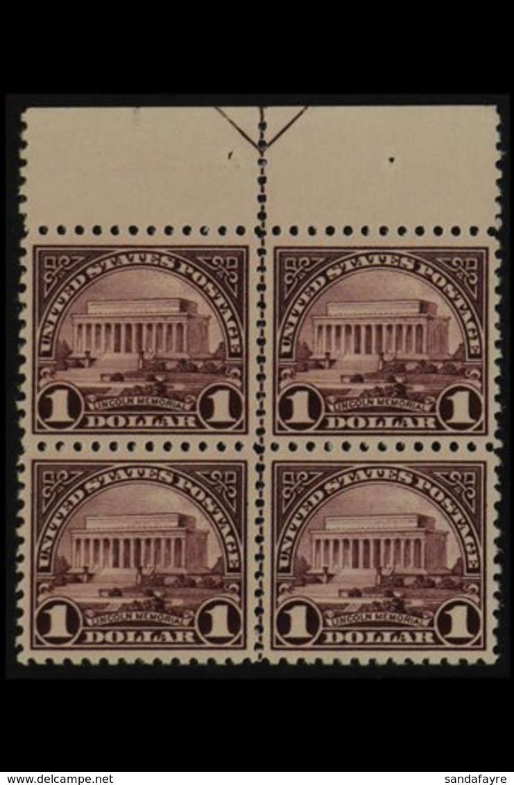 1922-25 $1 Violet Brown Scott 571 (SG 579), Never Hinged Mint MARGIN CENTRE LINE BLOCK OF FOUR WITH ARROW AT TOP. Superb - Autres & Non Classés