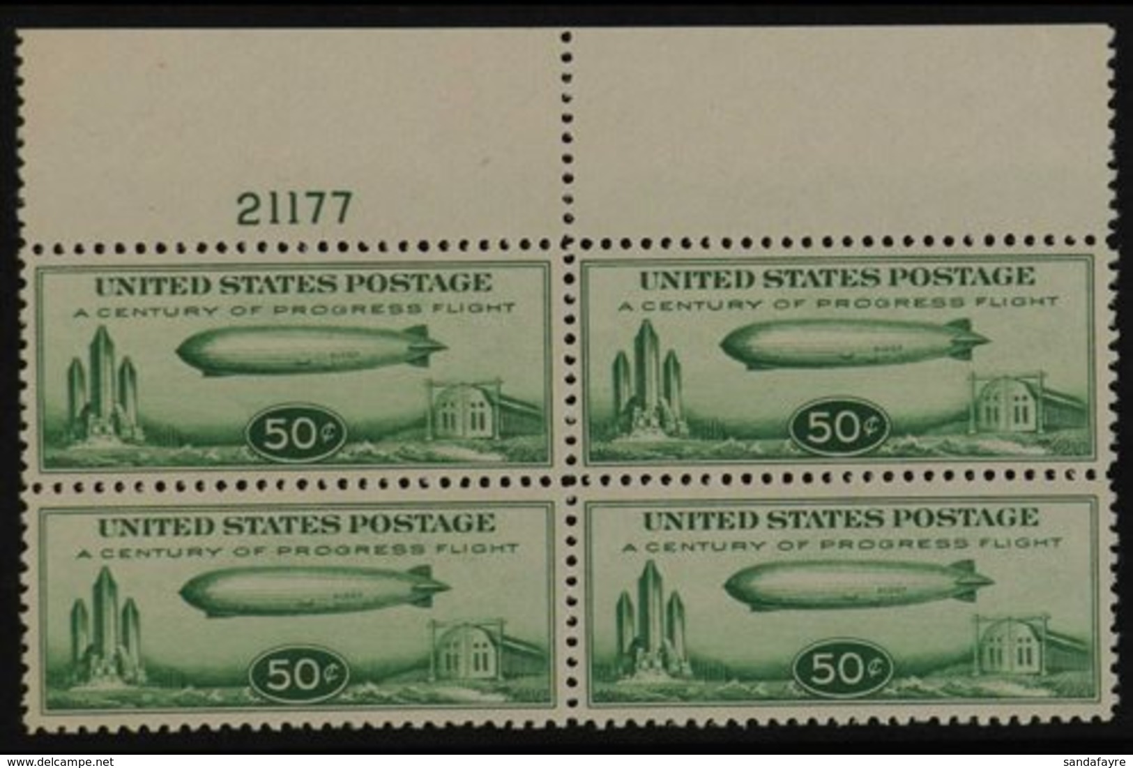 1933 50c Green Graf Zeppelin Air Post, Scott C18 (SG A732) Never Hinged Mint BLOCK OF FOUR WITH PLATE NUMBER. For More I - Otros & Sin Clasificación