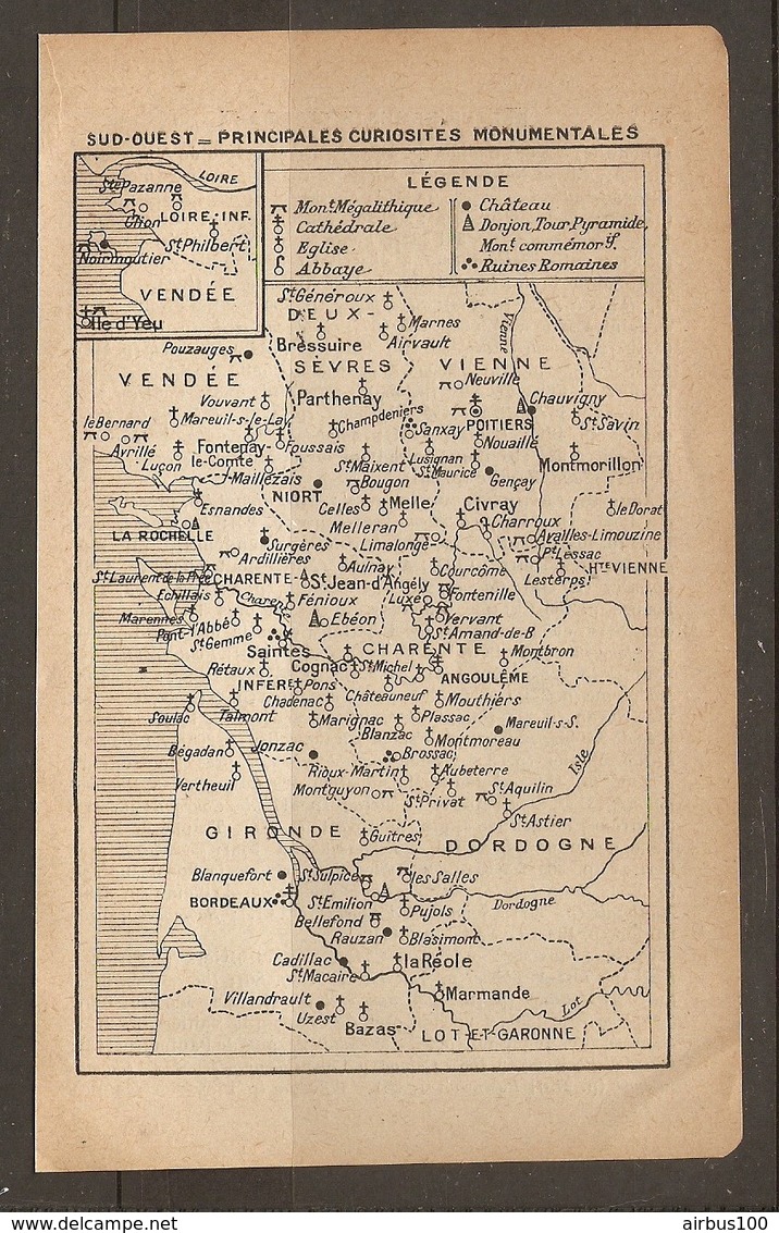 CARTE PLAN 1917 - SUD OUEST PRINCIPALES CURIOSITES MONUMENTALES MONUMENT MEGALITHIQUE - Topographical Maps