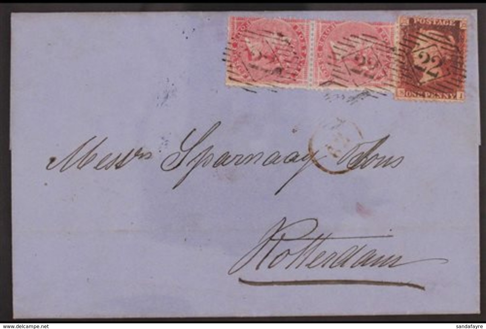 1859 (October) Entire Addressed To Netherlands, Bearing 1856-58 1d (SG 40) And 1855-57 4d Pair (SG 66) Tied By "22" Nume - Otros & Sin Clasificación