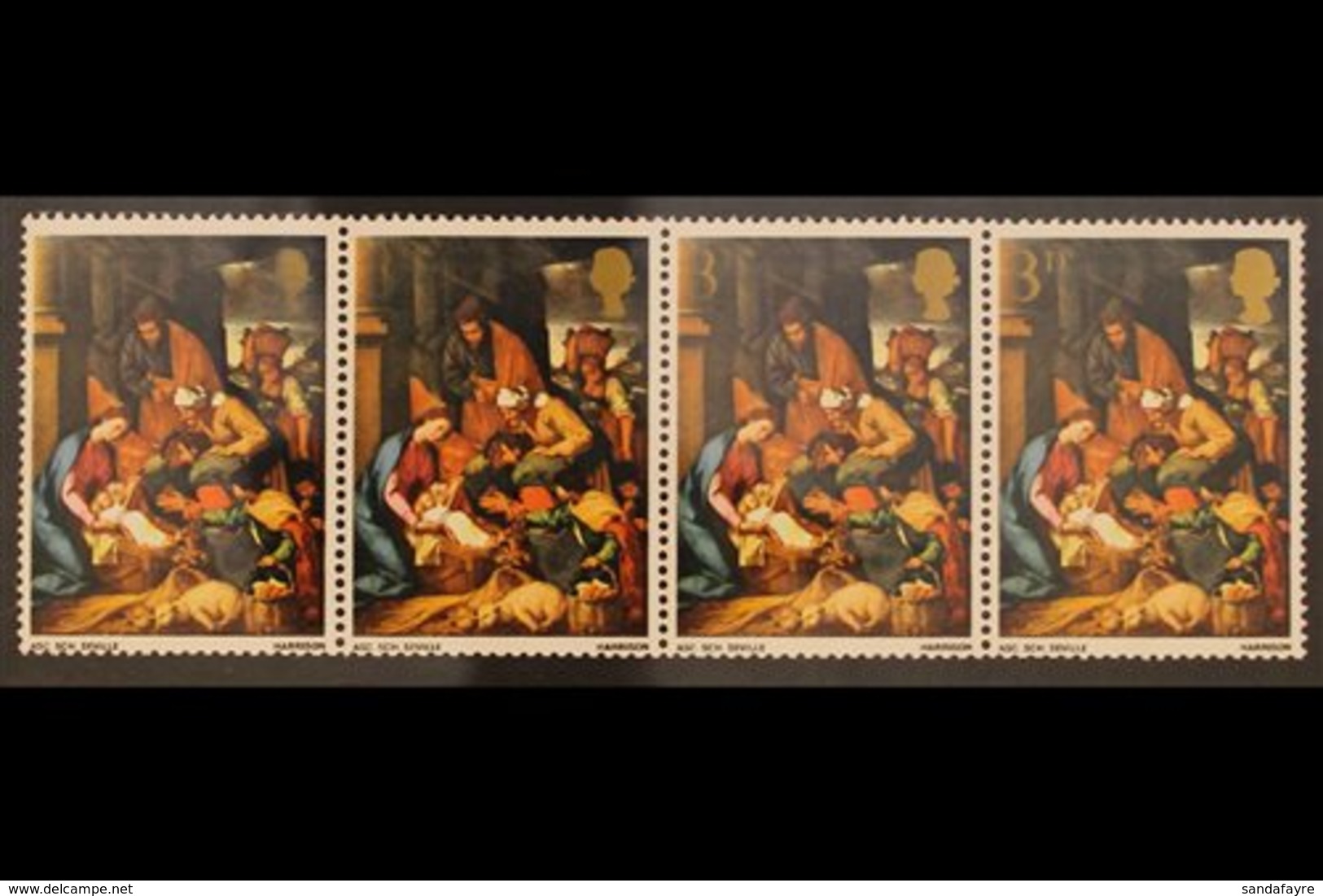 1967 VARIETY 3d "Adoration Of The Shepherds" Christmas Paintings Strip Of 4 With A Progressively Disappearing Gold 3d Va - Otros & Sin Clasificación