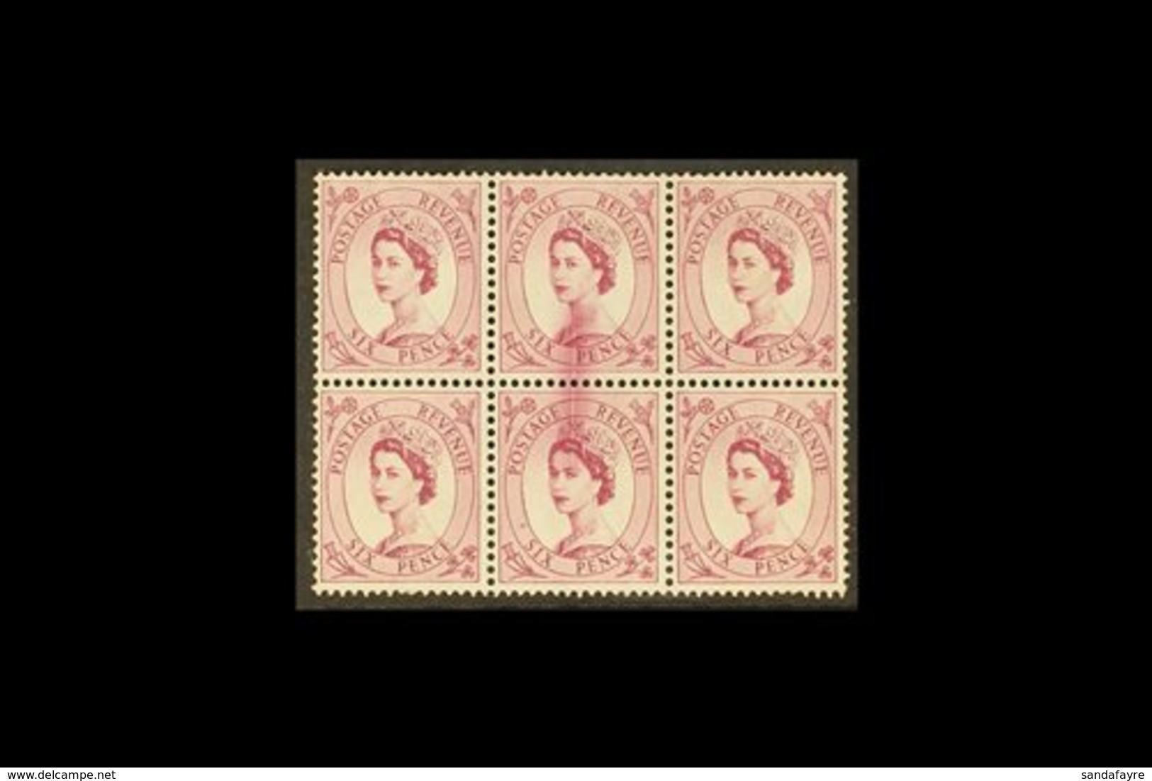 WILDINGS PRINTING FLAW 1955-58 6d Reddish-purple, SG 548, Block Of Six Showing A Dramatic Central Printing Flaw Vertical - Otros & Sin Clasificación