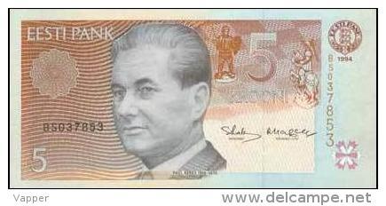 Estonia 1994 Uncirculate Banknote 5 Kroon P.Keres Great Chess Master *UNC* Condition - Estland