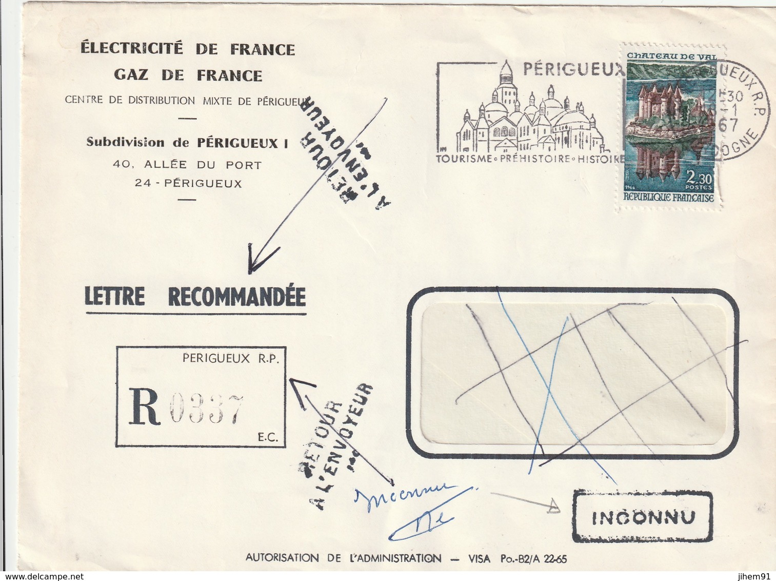 Lettre Recommandée De Périgueux RP (Dordogne, 24) Du 06-01-1967 - "Inconnu" Et "Retour à L'envoyeur" (§) - Lettres & Documents