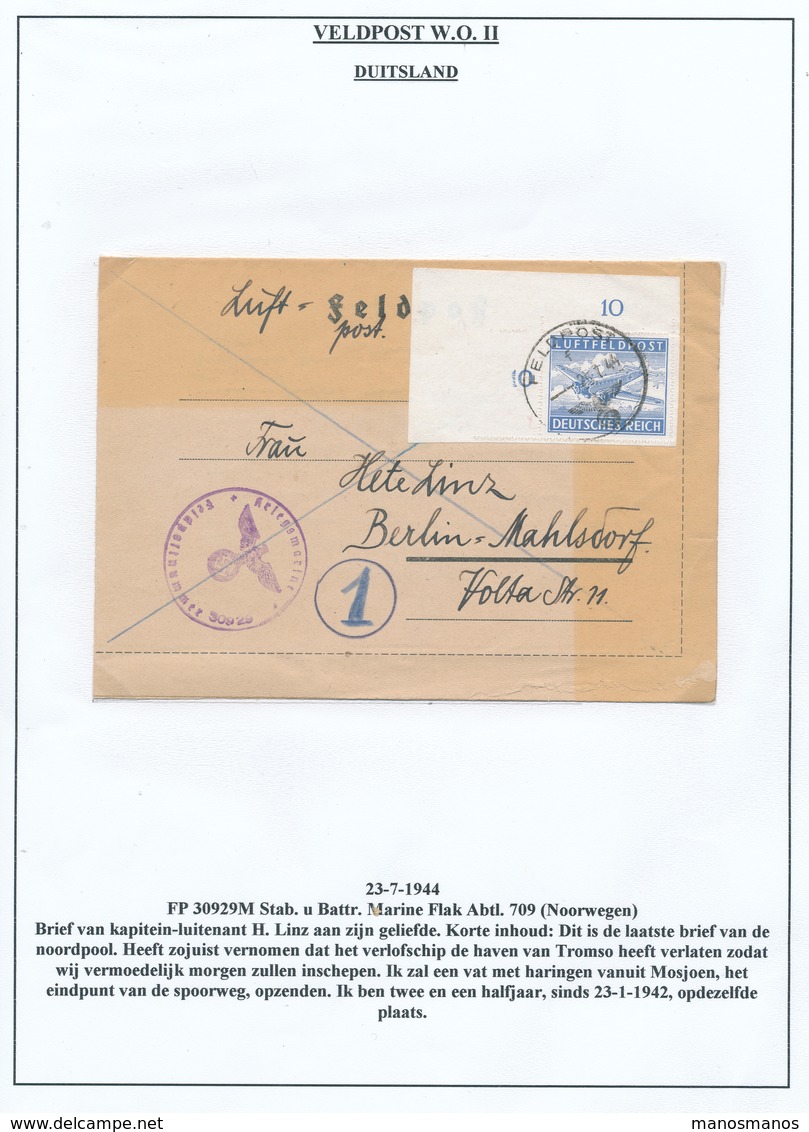 425/29 - Cover NORWAY To BERLIN 1944 - TP Luftfeldpost Sagezahn. Sheet Corner - Cancel FP 30929 - Lettres & Documents