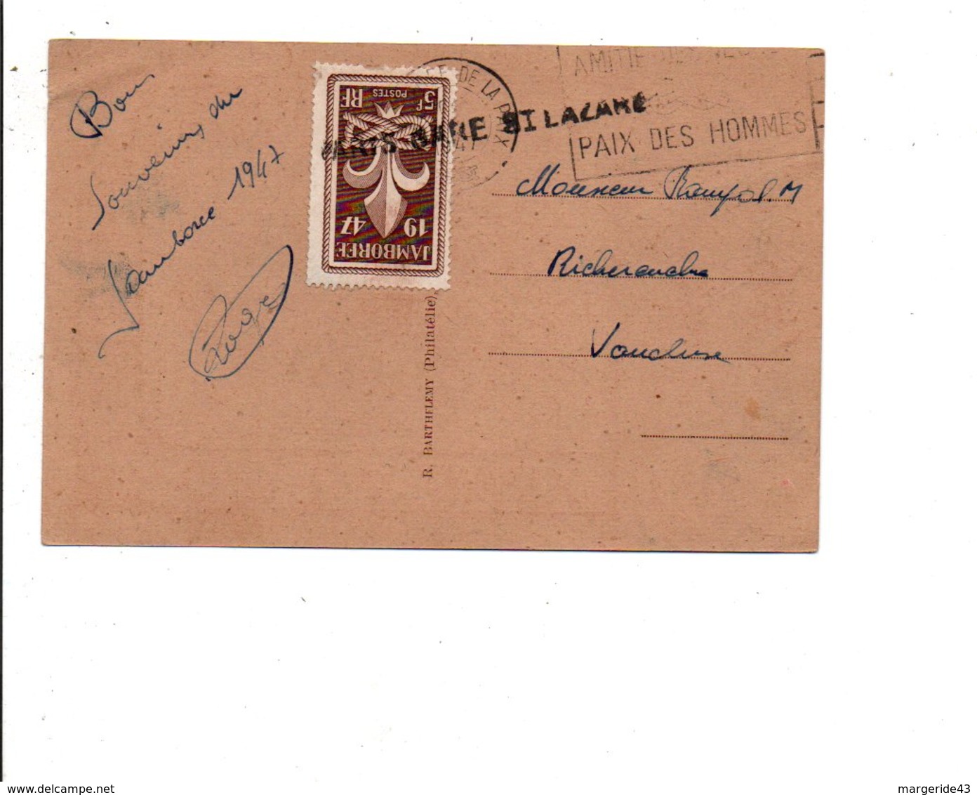 GRIFFE DE PARIS GARE SAINT LAZARE SUR CARTE SCOUTISME 1947 - Manual Postmarks