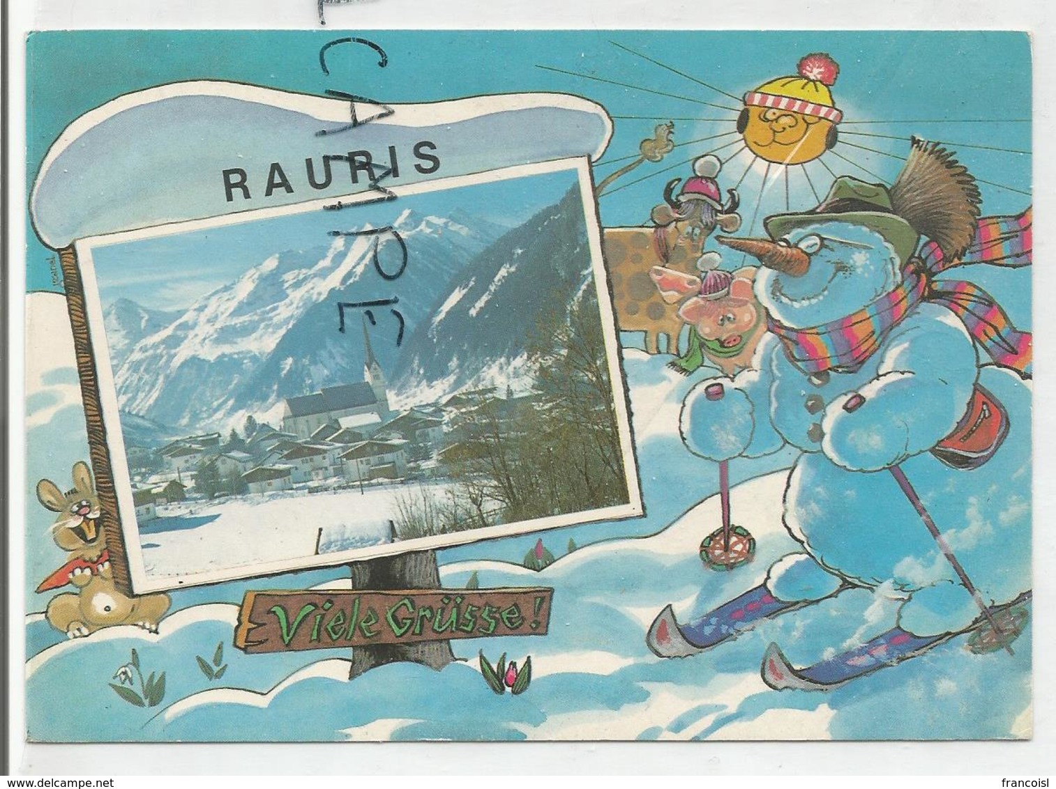 Bonhomme De Neige à Ski, Soleil Et Animaux. Village En Médaillon:" Viele Grüss" - Rauris