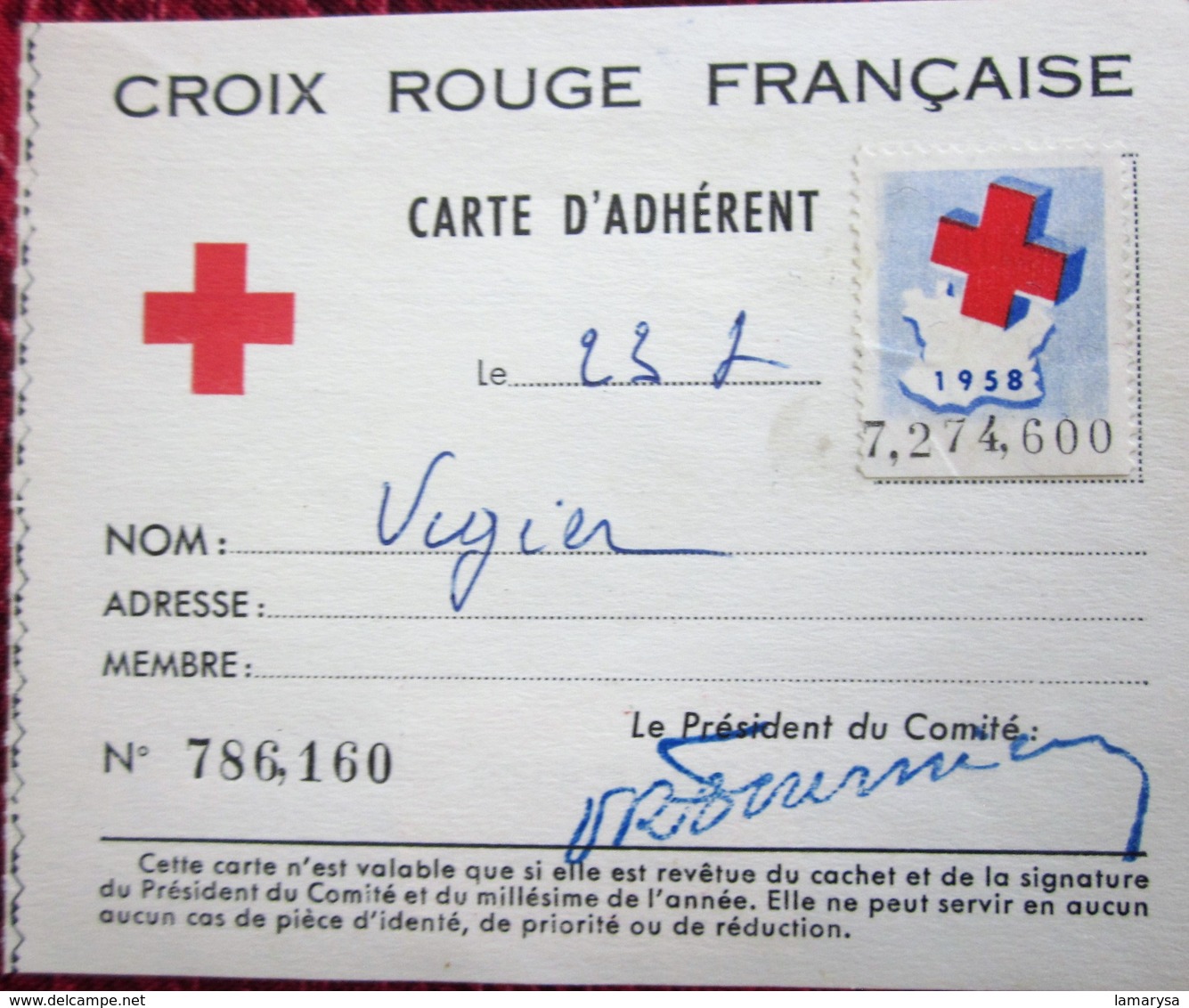 1958 CARTE ADHÉRENT Timbres  Europe  France  Erinnophilie  2 Vignettes Ligue Internationale De La Croix Rouge Française - Croix Rouge