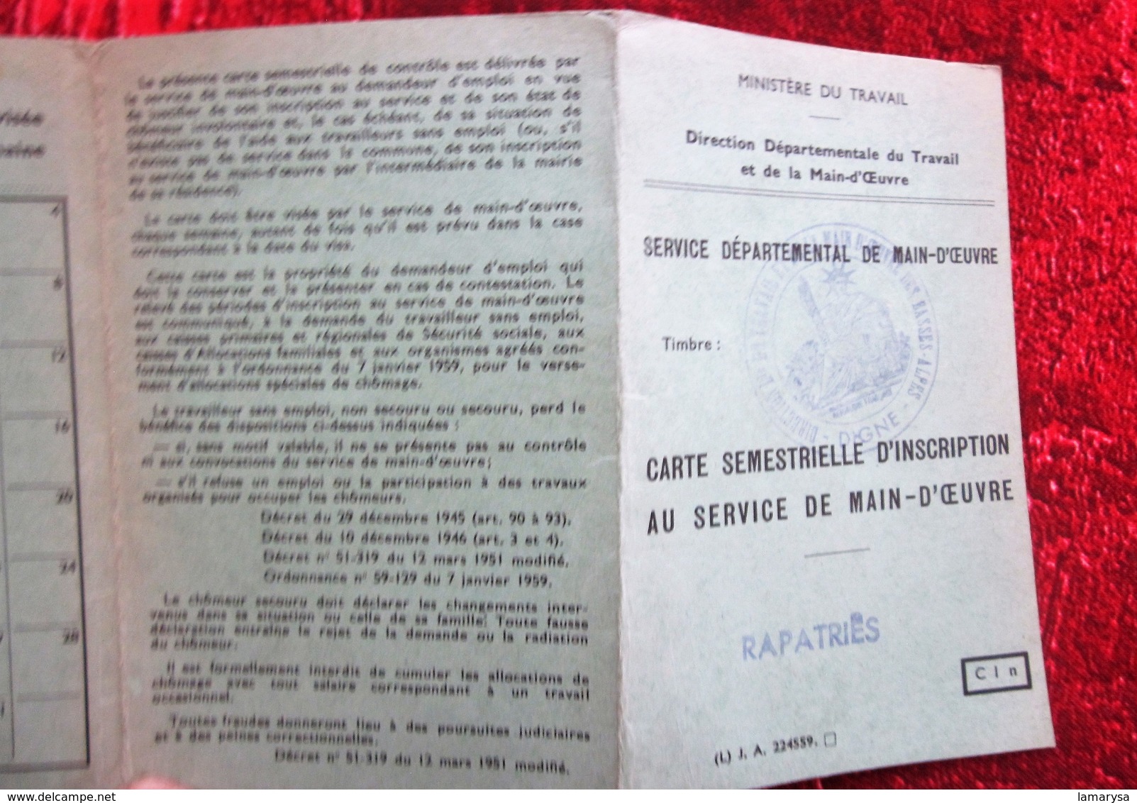 RAPATRIÈS CARTE SEMESTRIELLE INSCRIPTION SERVICE MAIN ŒUVRE MINISTÈRE TRAVAIL 1963 Née 1920 MOSTAGANEM ALGÉRIE RES DIGNE - Croix Rouge