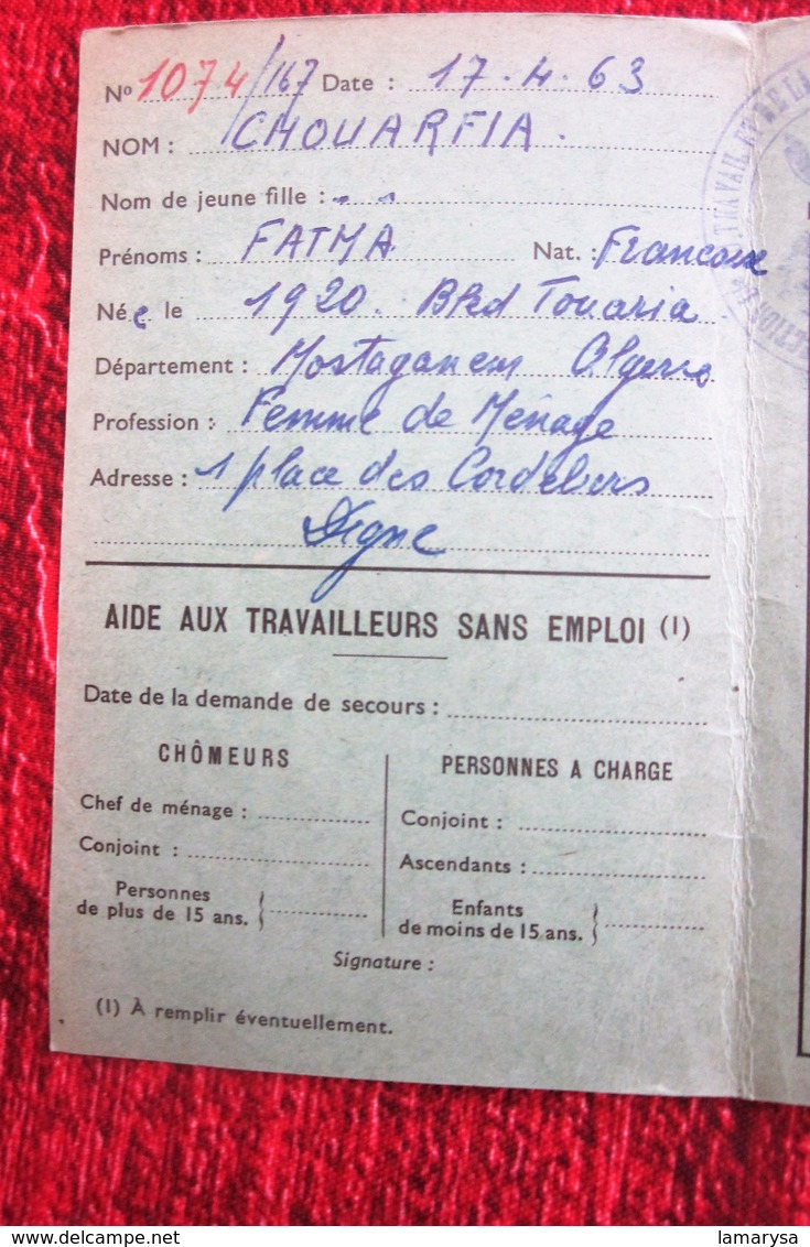 RAPATRIÈS CARTE SEMESTRIELLE INSCRIPTION SERVICE MAIN ŒUVRE MINISTÈRE TRAVAIL 1963 Née 1920 MOSTAGANEM ALGÉRIE RES DIGNE - Rotes Kreuz