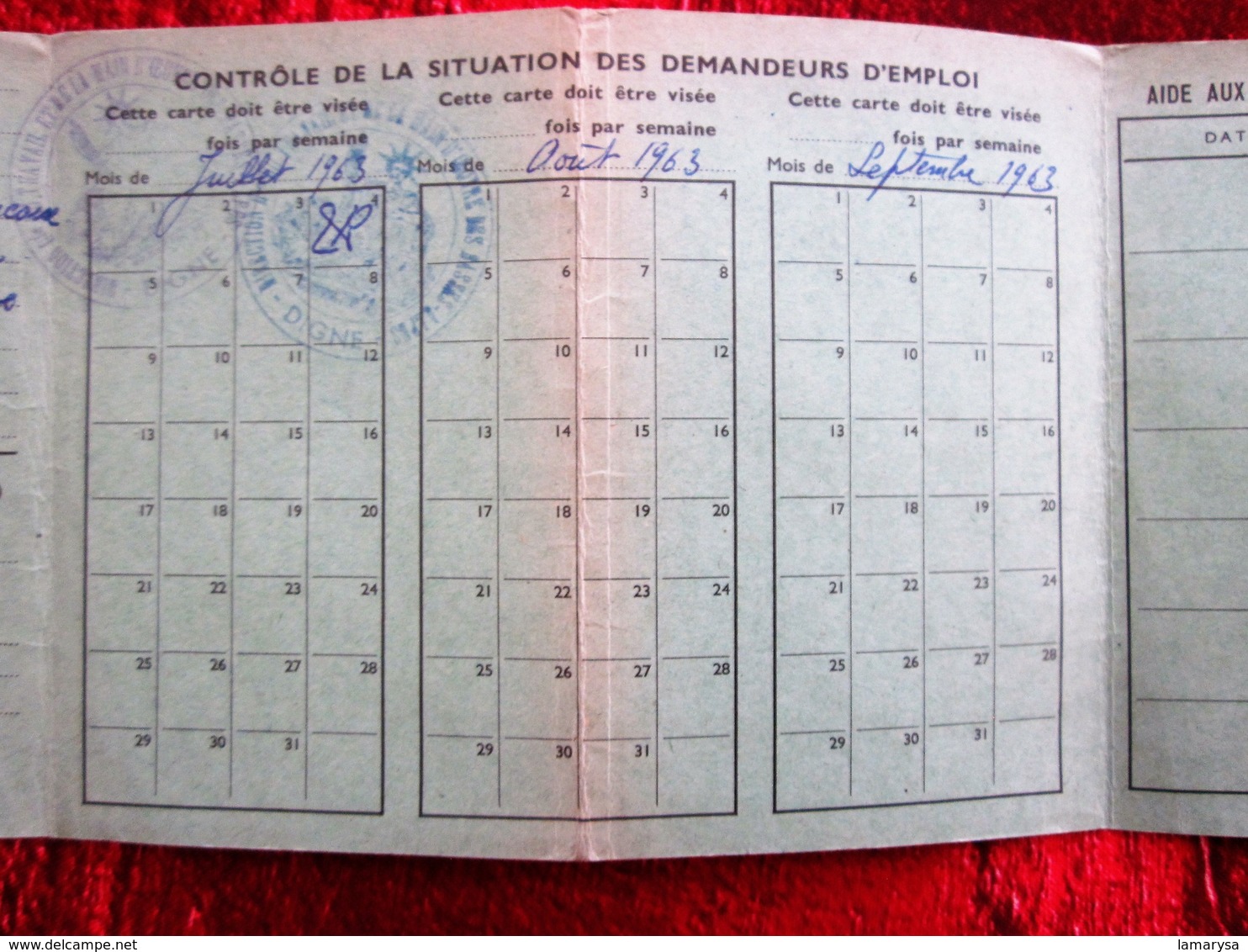 RAPATRIÈS CARTE SEMESTRIELLE INSCRIPTION SERVICE MAIN ŒUVRE MINISTÈRE TRAVAIL 1963 Née 1920 MOSTAGANEM ALGÉRIE RES DIGNE