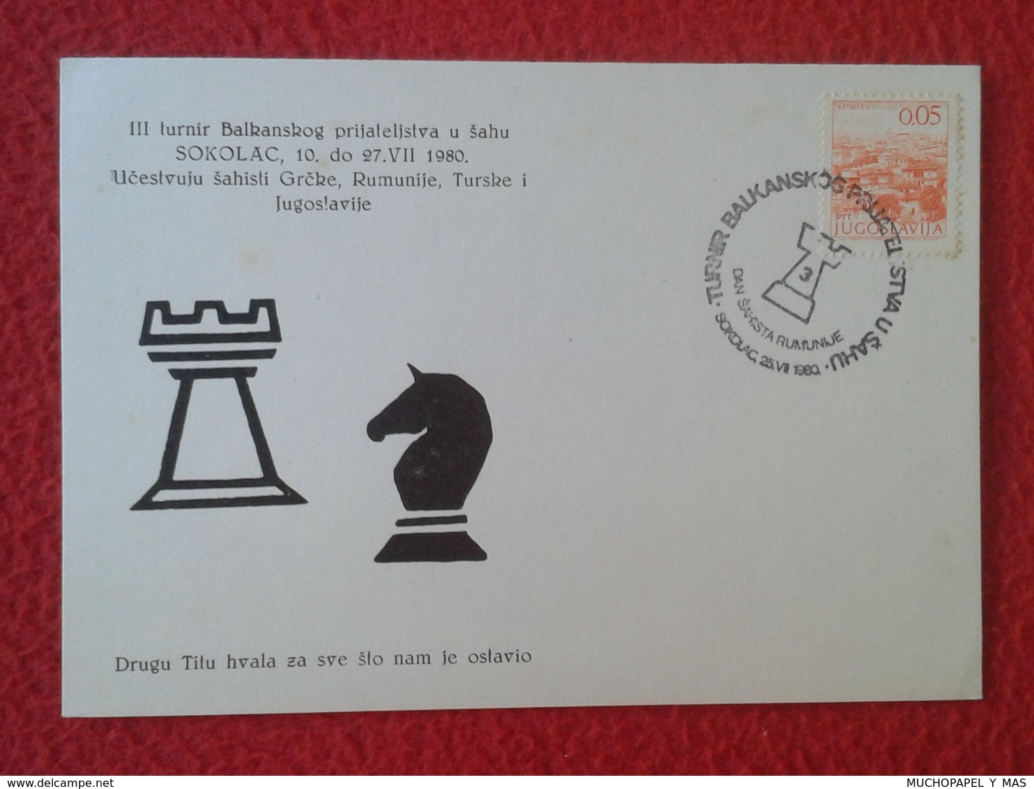 POSTAL POST CARD AJEDREZ CHESS Échecs SCHACH XADREZ SAKK PIEZA PIECE YUGOSLAVIA JUGOSLAVIJA PIECES PIEZAS SOKOLAC 1980 - Otros & Sin Clasificación