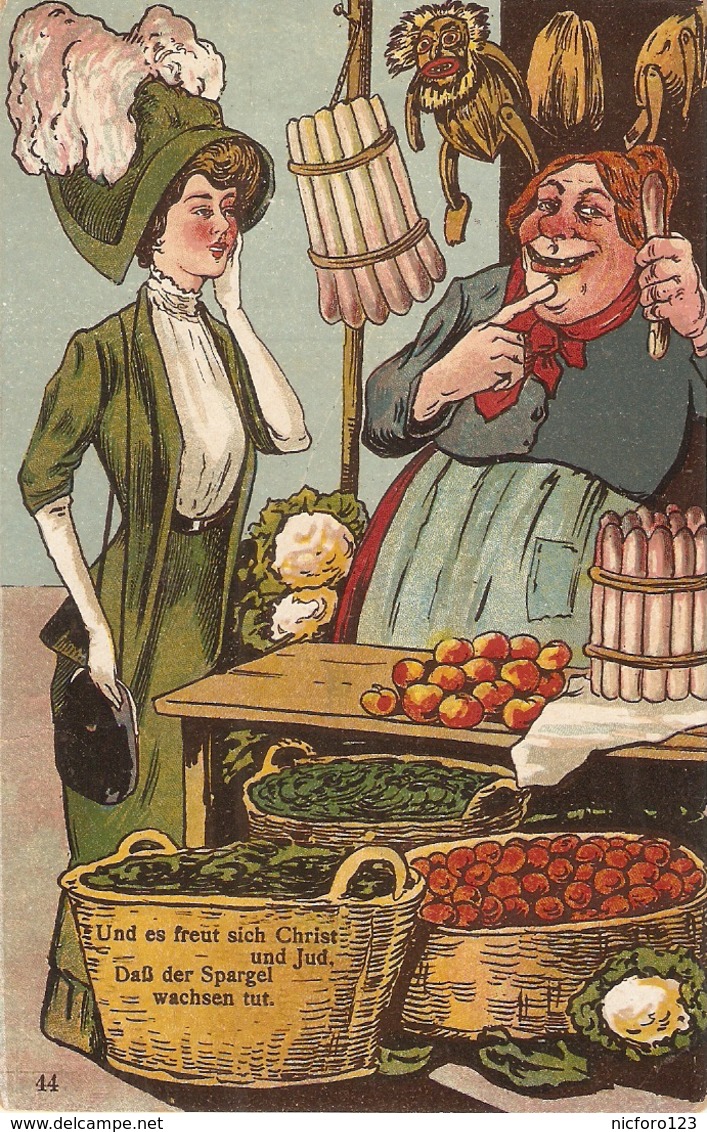 "Ladies Joking At The Fruit Market" Humorous Antique German Postcard - Humor