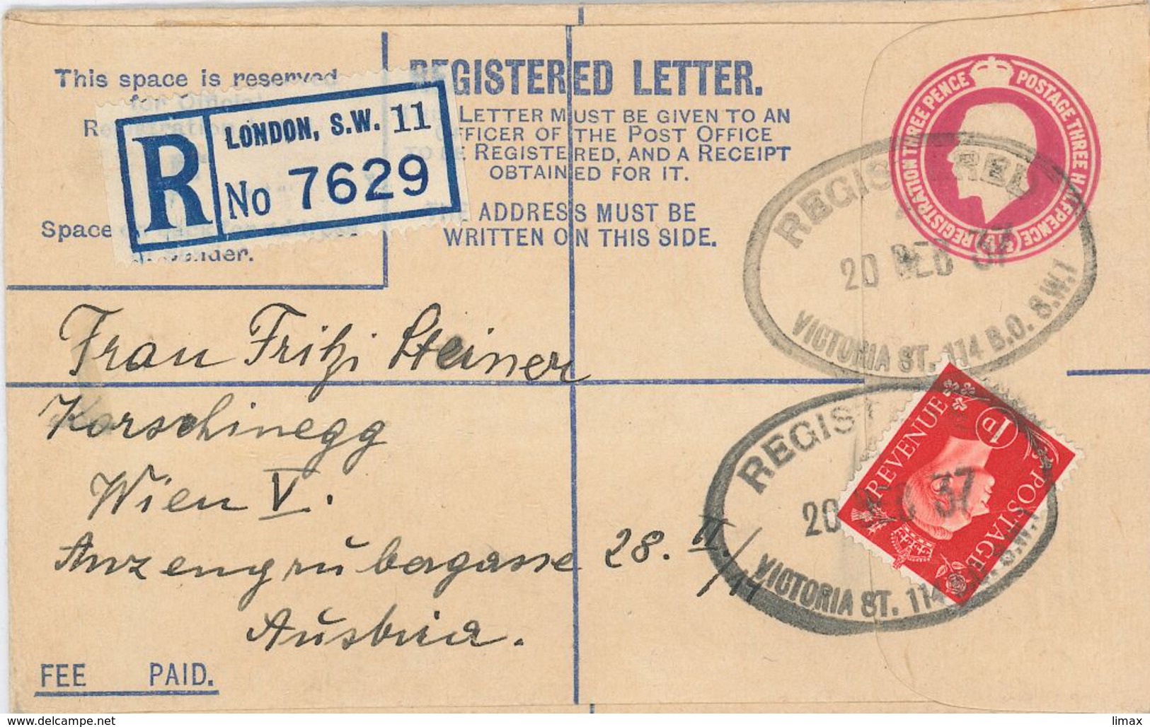Ganzsache R-Brief London S.W. 1937 Victoria Station Nach Wien - Storia Postale