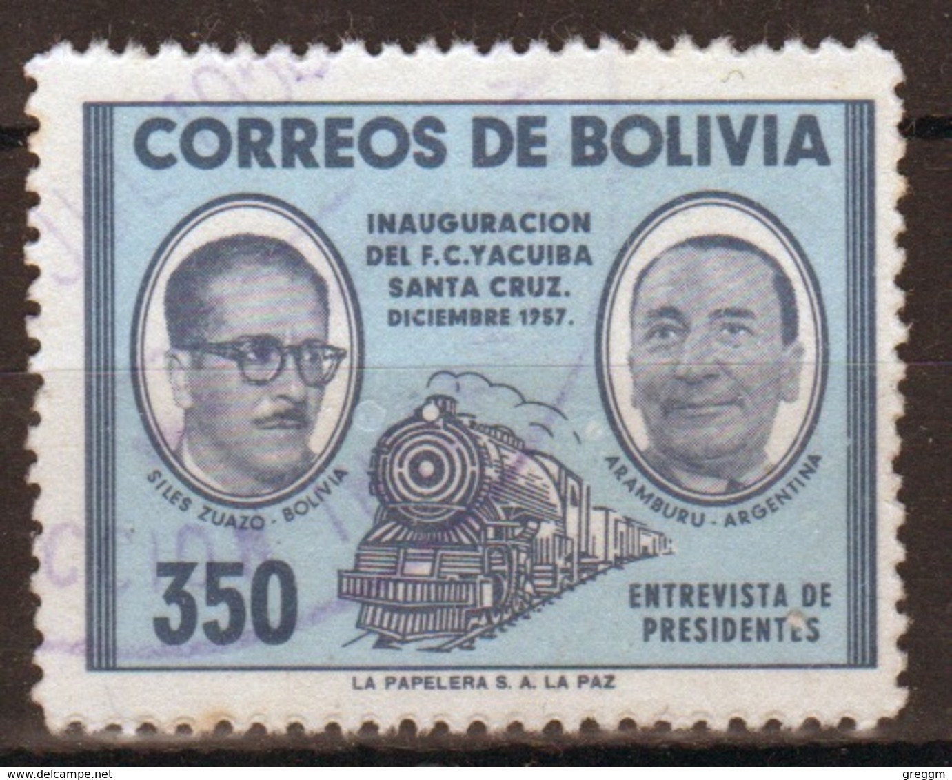 Bolivia 1957 Single 350b Santa Cruz Railway Inauguration Stamp. - Bolivië