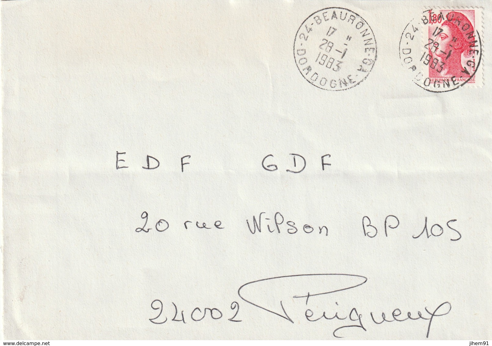 Lettre De Beauronne GA (Dordogne, 24) Du 28-01-1983 Pour Périgueux (Dordogne-24) - Manual Postmarks