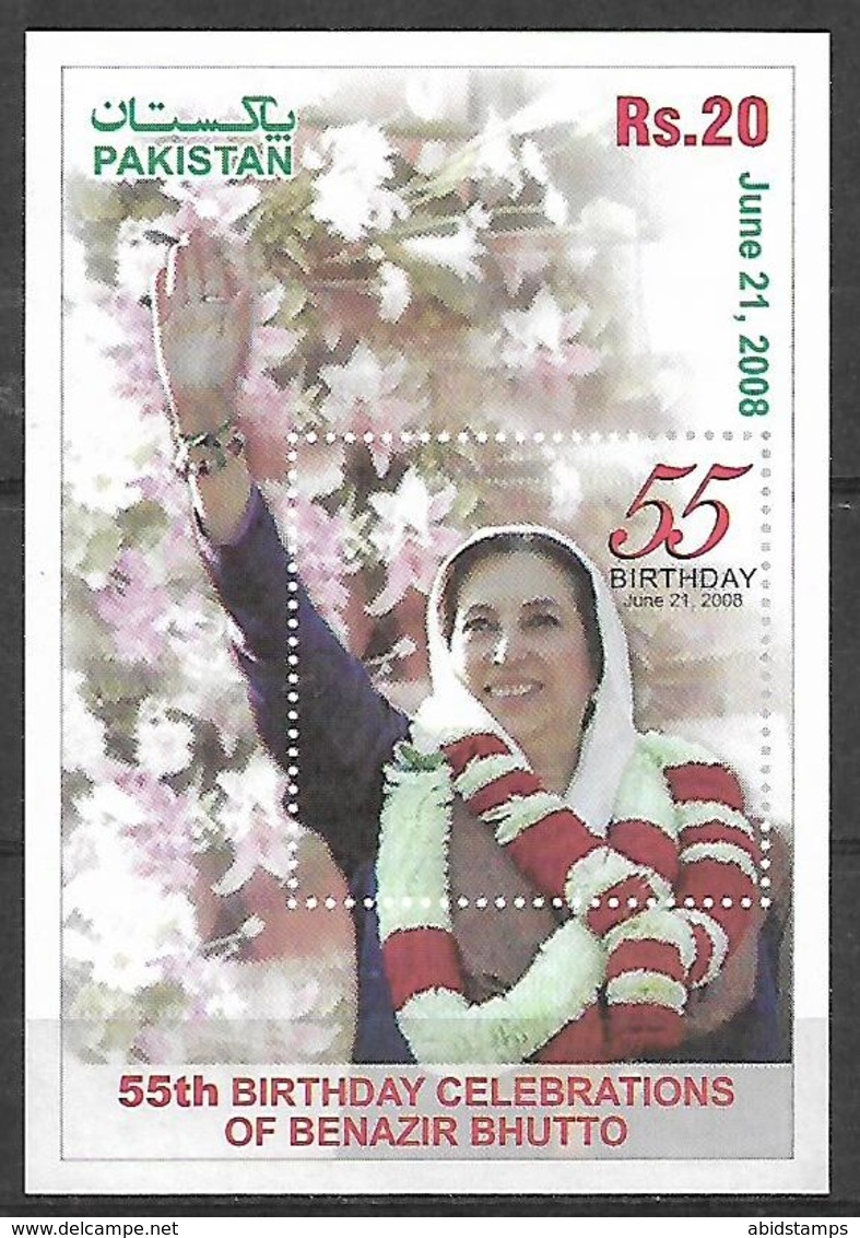 PAKISTAN 2008 SOUVENIR SHEET 55TH BIRTH CELEBRATION OF BENAZIR BHUTTO MNH - Pakistan