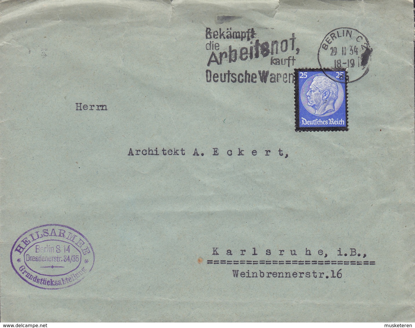 Deutsches Reich HEILSARMEE Salvation Army Grundstücksabteilung Slogan BERLIN 1934 Cover Brief Hindenburg Sorumrändung - Briefe U. Dokumente