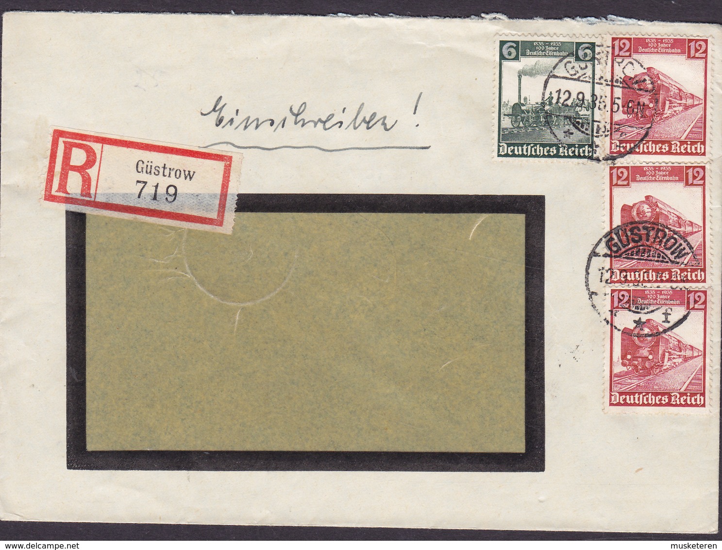 Deutsches Reich WILLI FEINE Baumester Registered Einschreiben Label GÜSTROW 1935 Cover Brief 4x Locomotive Eisenbahn - Briefe U. Dokumente