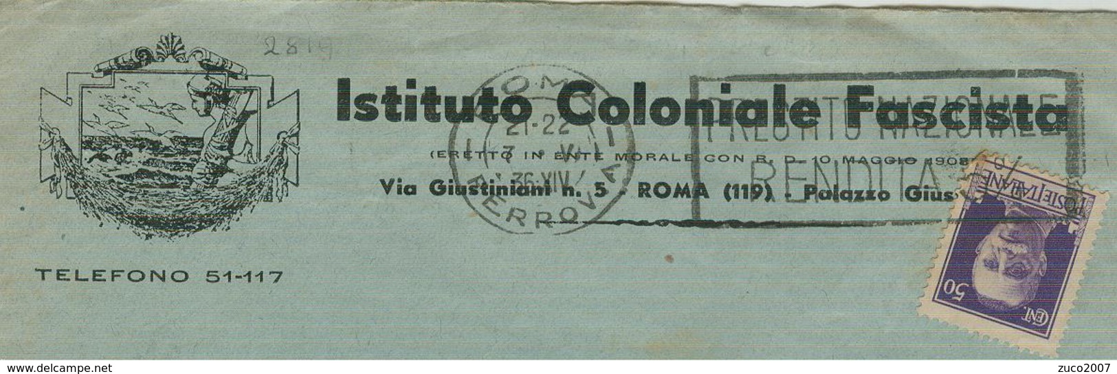 "ISTITUTO COLONIALE FASCISTA",ROMA, BUSTA CON LOGO,1936,TIMBRO POSTE ROMA TARGHETTA-LUGO(RAVENNA).RR,NOTA STORICA - Documenti Storici