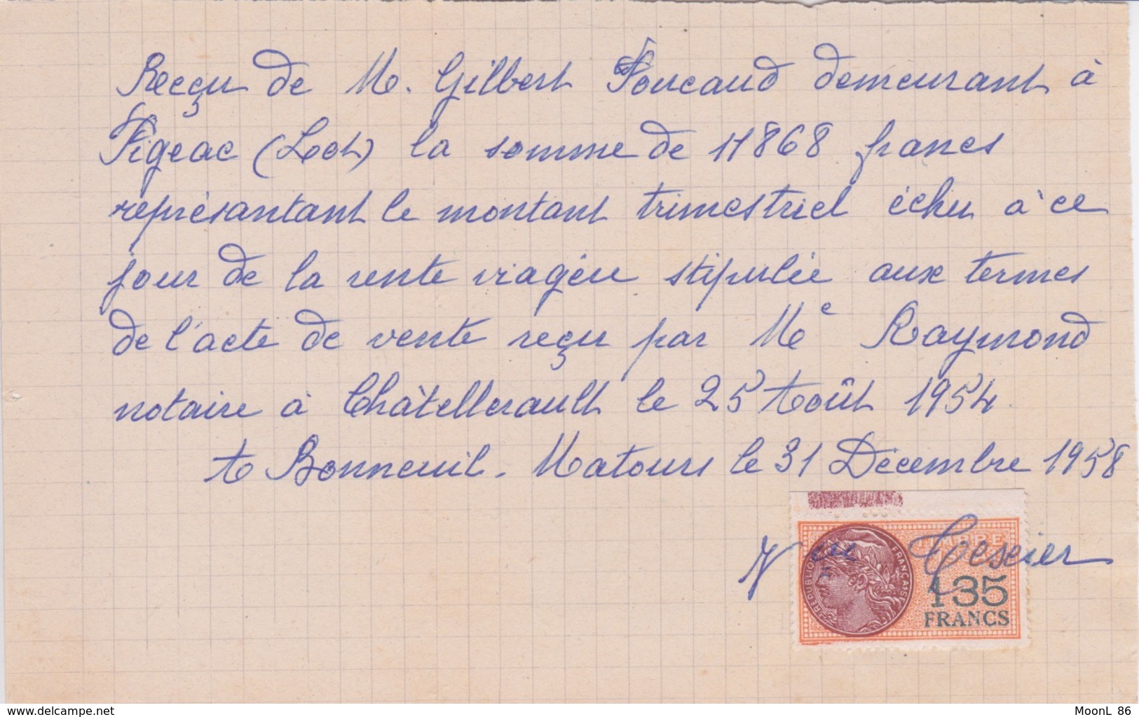 TIMBRE FISCAL  DE 135 FRANCS  ORANGE Sur  REÇU Rente Viagère Fait à Bnneuil Matours 1958 - Altri & Non Classificati