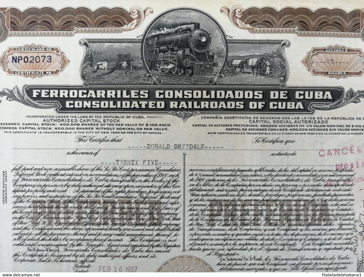 BON-347 CUBA SPAIN 1927 BONO ACCION FERROCARRIL CONSOLIDADOS. 23x33,5cm RAILROAD. - Railway & Tramway