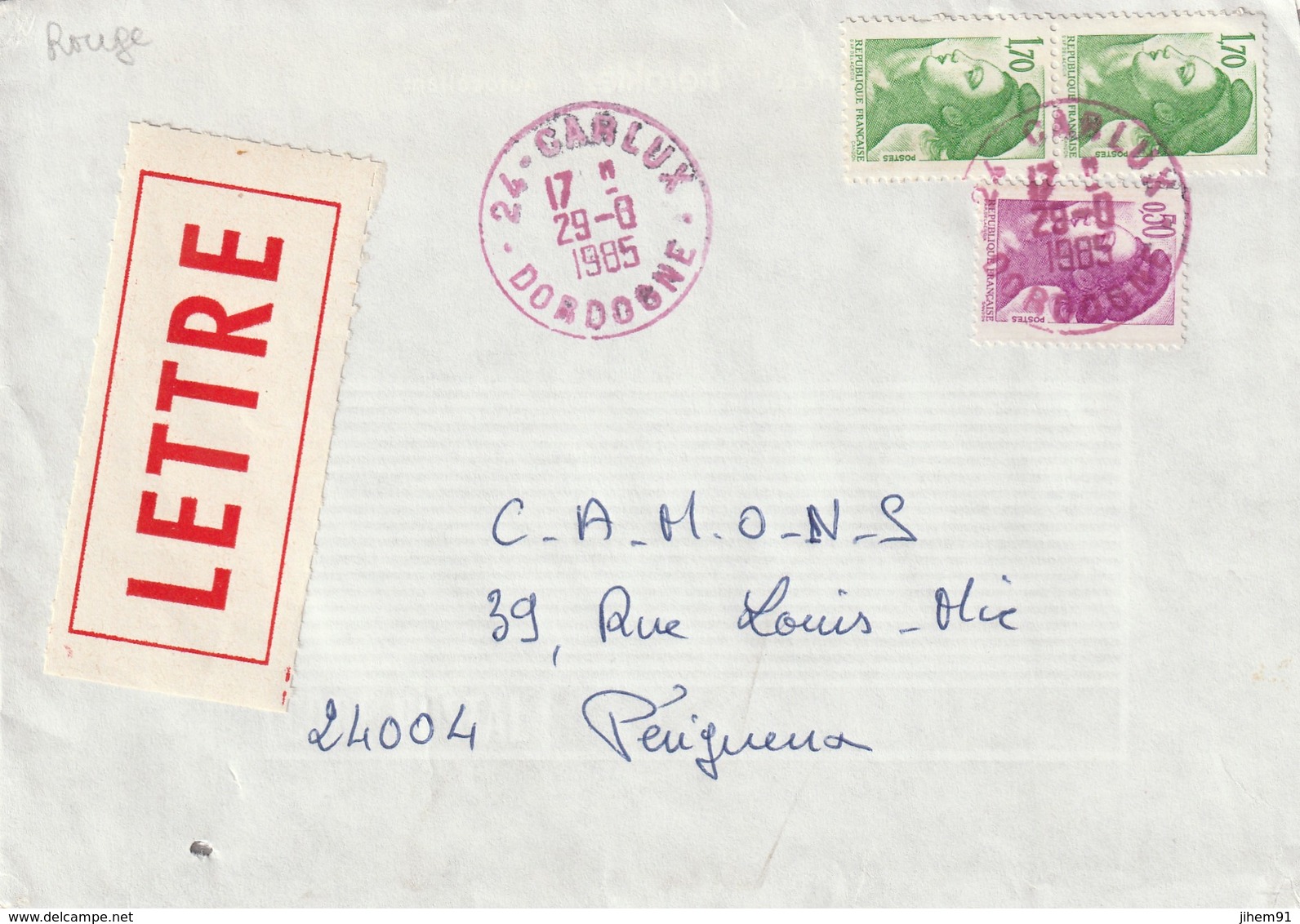 Lettre De "Carlux" (Dordogne, 24) Du 29-08-1985 Pour Périgueux (Dordogne-24) - Manual Postmarks