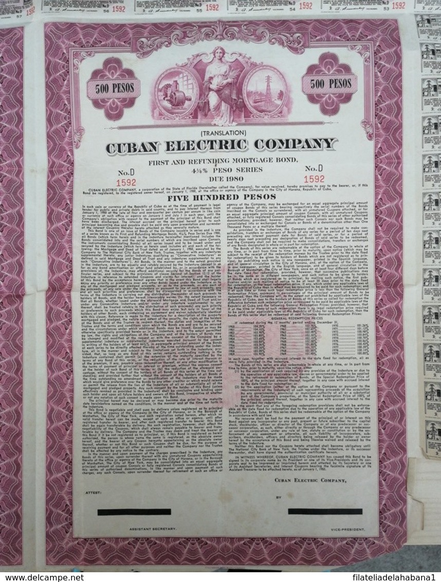 BON-350 CUBA SPAIN 1950 BONO ACCION COMPAÑIA CUBANA DE ELETRICIDAD ELECTRICITY. 47x59 Cm. - Elektriciteit En Gas