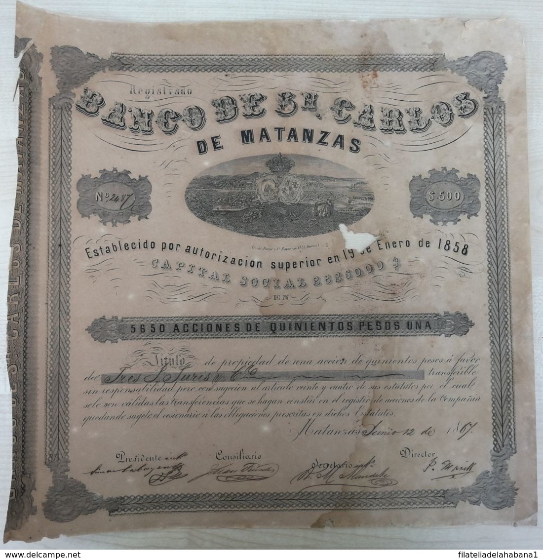 BON-351 CUBA SPAIN ACCION BANCO DE SAN CARLOS DE MATANZAS 1867 35x35 Cm - Bank & Insurance